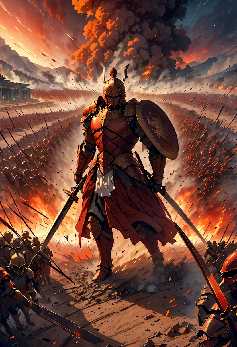 A cinematic moment from the film 300, depicting the final showdown between the Spartans and the Persian army. The sky is ablaze with an intense orange and red sunset, casting dramatic shadows. The ground is littered with fallen soldiers and weapons, while a fierce battle rages on. In the forefront, the heroic King Leonidas stands tall, wielding his shield and sword, ready to fight. The background reveals a massive column of dust and debris rising from the chaos of the clash. The atmosphere is intense and full of adrenaline.