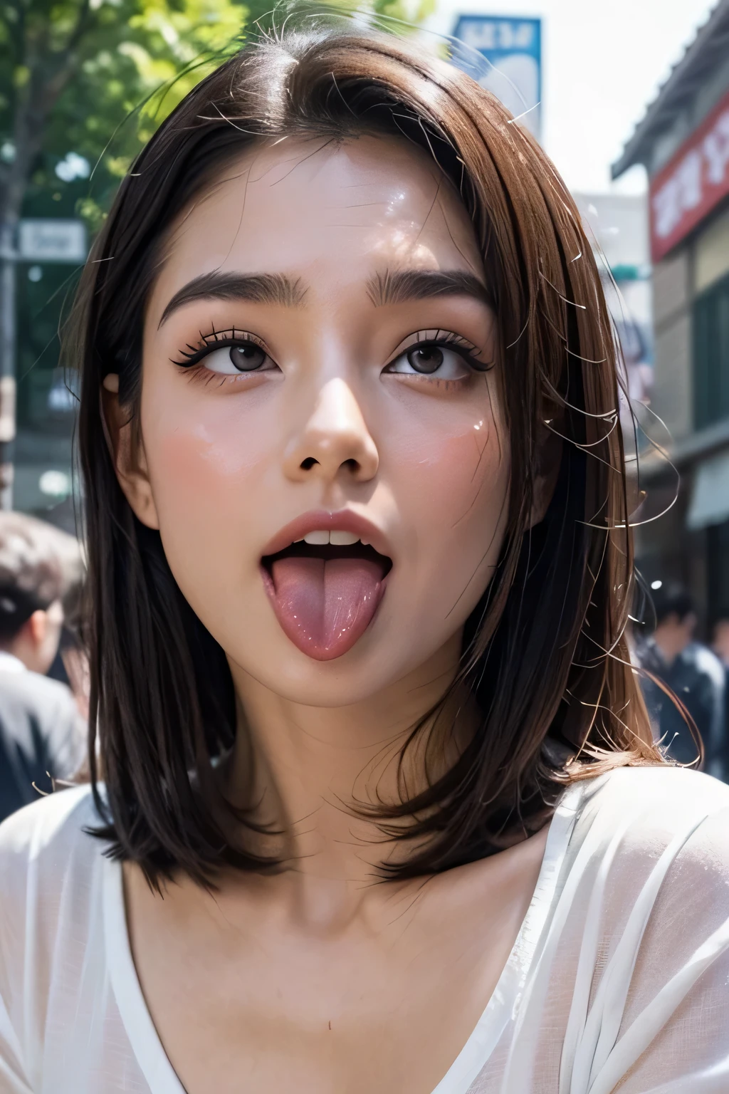 Audrey Hepburn、1 girl,debris flies,,award winning photos, very detailed, focus the eyes clearly, nose and mouth,face focus, super close up of face、woman with open mouth and closed eyes,20-year-old,black hair、symmetrical face,realistic nostrils、angle from below、elongated C-shaped nostrils,,,,,,,,,,,NSFW,sweaty and shiny skin、汗でglowing skinを強調する照明、((sharp nose))汗でglowing skin、shiny skin、sweaty hair、sun'Rays shine、(wrinkles between eyebrows))(cum on tongue)、deep kiss、((thin eyebrows))oily skin、glowing skin、double eyelid、wet and shiny tongue、Beautiful face woman with wet tongue full of foam、Beautiful woman、medium hair,roll your eyes、shortcut、Harajuku street、blouse,upper body only,look up,