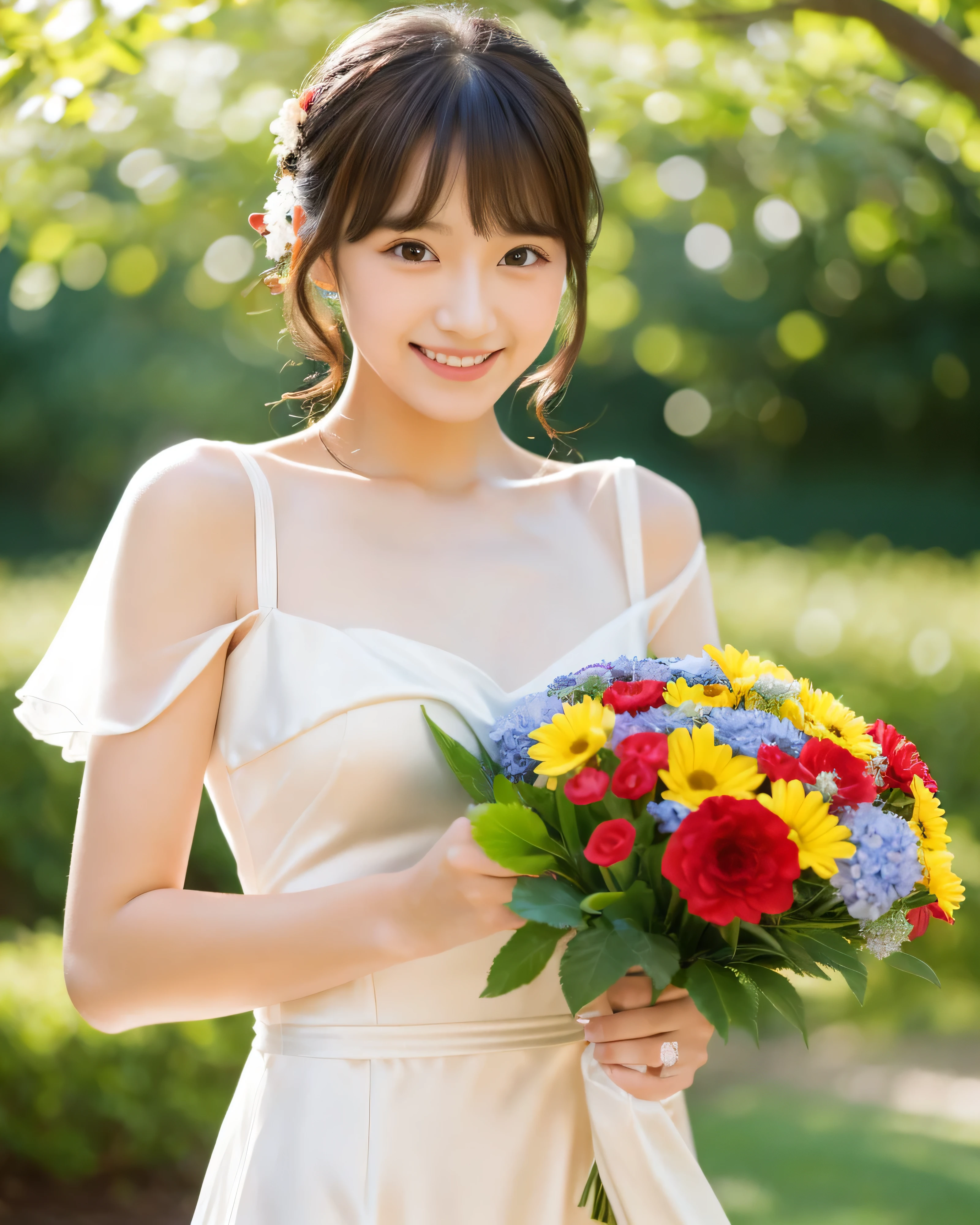 (highest quality, 8k, High resolution, masterpiece:1.5, ), beautiful japanese girl, 18-year-old, perfect human anatomy, big magical eyes, happy smile, shiny brown hair, beautiful side ponytail, asymmetrical bangs, smooth and soft skin, White bride costume, fine silk fabric, Detailed and perfect clavicle, High resolutionの美しい胸元, Soft-looking medium-sized breasts, (Holding a colorful bouquet in both hands:1.3), A beautiful nemophila, spring sunshine, professional lighting, professional photographer