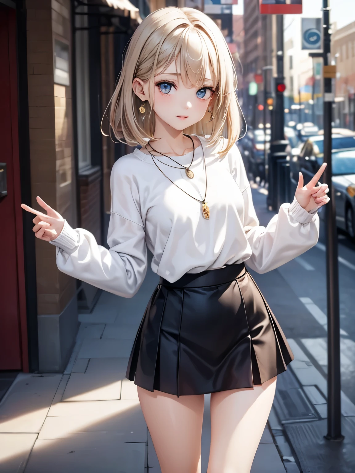 ((Biologically correct number of limbs))、((The number of fingers on one hand is 5))、((natural finger shape))、((full body shot, Full body photo including face、head to toe photo))、standing position、[NSFW]、4K、masterpiece、((focus on the face))、((Symmetrical facial features))、Eyes of minute description、Beautiful woman、outstanding style、beautiful clavicle、beautiful legs、slender body、(small ass、thin thighs）、(high heels）、Detailed depiction of faces、small earrings、necklace、Low - Angle、(upper body sweatshirt、lower body skirt）、Holiday morning scenery、
