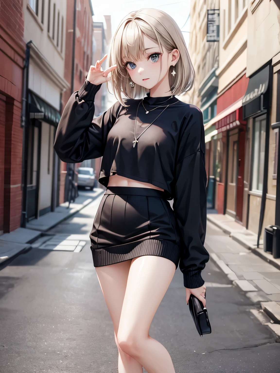 ((Biologically correct number of limbs))、((The number of fingers on one hand is 5))、((natural finger shape))、((full body shot, Full body photo including face、head to toe photo))、standing position、[NSFW]、4K、masterpiece、((focus on the face))、((Symmetrical facial features))、Eyes of minute description、Beautiful woman、outstanding style、beautiful clavicle、beautiful legs、slender body、(small ass、thin thighs）、(high heels）、Detailed depiction of faces、small earrings、necklace、Low - Angle、(upper body sweatshirt、lower body skirt）、Holiday morning scenery、