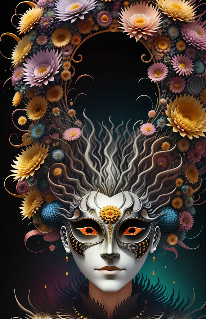 sculpture mask，hollow，sculpture，Spiky hair spreads upward，Flowers bloom on the head，3D rendering，shadow，pastel colors，Very detailed，Art work，Deco，central，symmetry