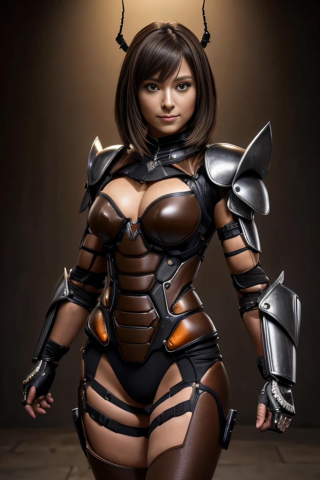 (High resolution,masterpiece,highest quality,Very detailed CG, anime, official art:1.4), realistic, photograph, amazing detail, everything is complicated, shiny and glossy,Amazing number of layers, 8K wallpaper, 3D, sketch, cute, figure,( alone:1.4), perfect female proportions,villain's daughter, (Fusion of dark brown cockroach and lady:1.4), (brown cockroach woman:1.2), (brown cockroach woman:1.2), (Fusion:1.2), (alone:1.4), (evil smile:1.2), muscular, abs, (Cockroach brown exoskeleton bio insect suit:1.4), (Cockroach brown exoskeleton bio insect armor:1.2), (brown transparent cockroach feathers:1.4), (Antennae of brown cockroaches:1.3),