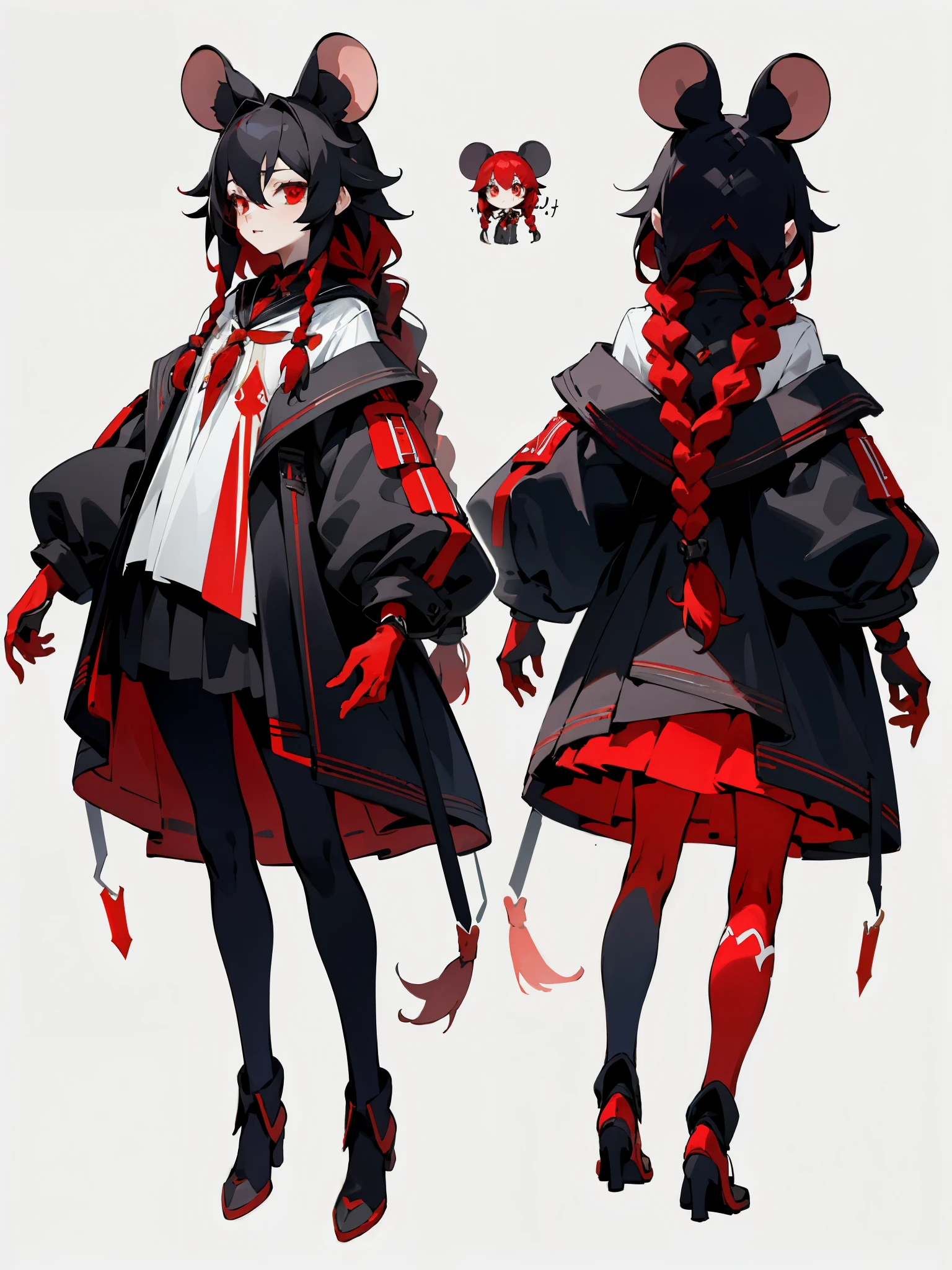 （tmasterpiece，Best quality）Multiple views of the same character wearing the same costume, triple landscape，Whole-body proportions，white backgrounid, Character concept，Girl with red hair，be full of details, mouse girl, black long braid, red eyes, black hair