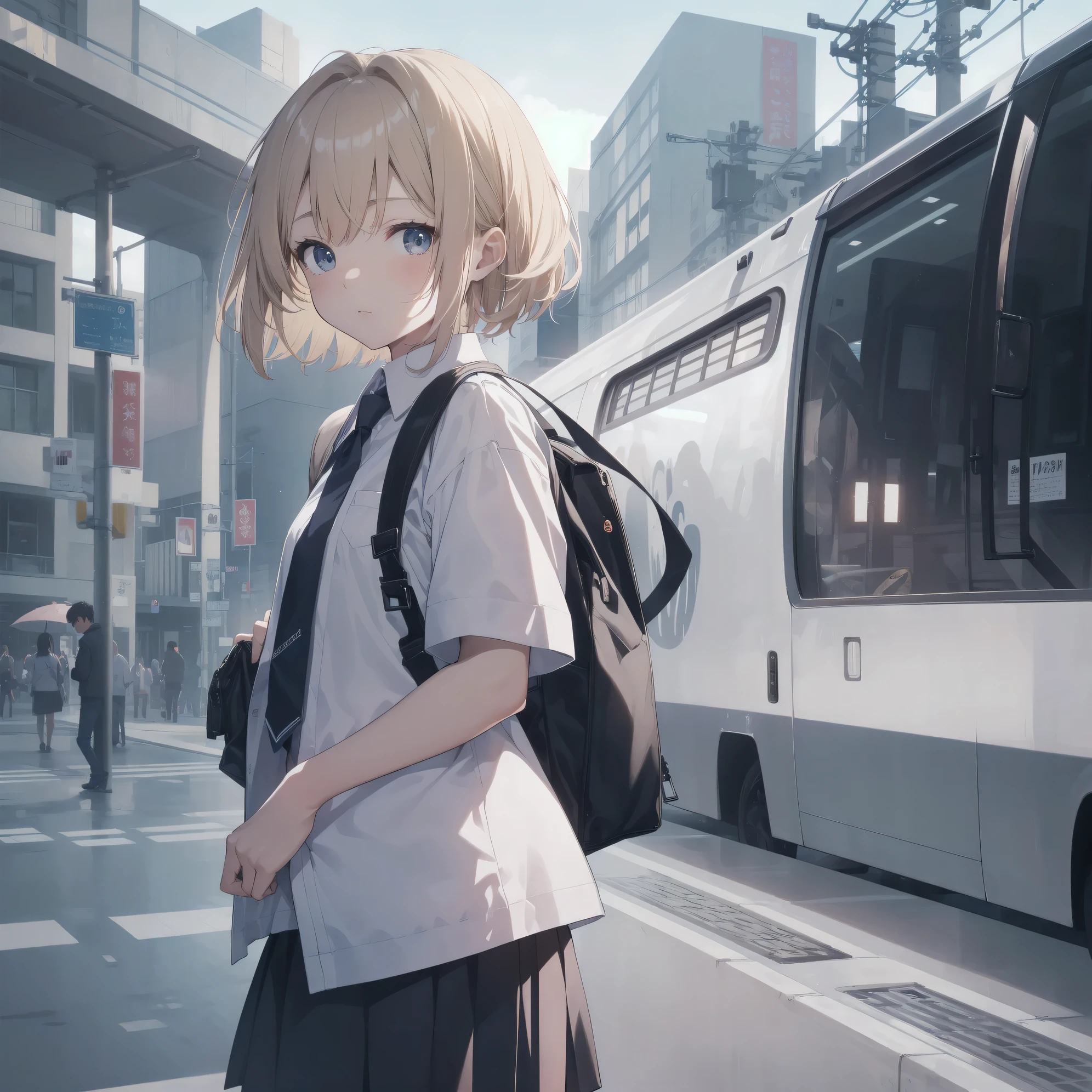 Super absurd quality by the god of art, super detailed, High resolution, anime moe art style, Best Anime 8K Kona-chan Wallpaper, pixiv contest winner, perfect anatomy, break,(眠そうにalone学校へ行く女の子を描いてください. )break,1 girl, (alone,little woman, baby face, 13 years old:1.3),All limbs, full finger,, The charm of an immature body, (very_short hair), Bang, flat chest, small ass, between legs, small black eyes, detailed and beautiful eyes, Well-proportioned iris and pupils, expressive eyes, sleepy eyes, High resolutionの詳細な髪, neck ribbon, shirt, collared shirt, skirt, pleated skirt, school uniform, school bag,(detailed lighting), (detailed background), On the way to school. break,super dense skin, Best cinematic lighting powered by famous artist, 8k,Beauty Illustration,photoshop_(Moderate),Absurd Hi-Res,Hmm,rough skin,break,((artist:Ixy)), artist:Fujichoko,artist:Yamamoto_Soichiro,artist:hanekoto
