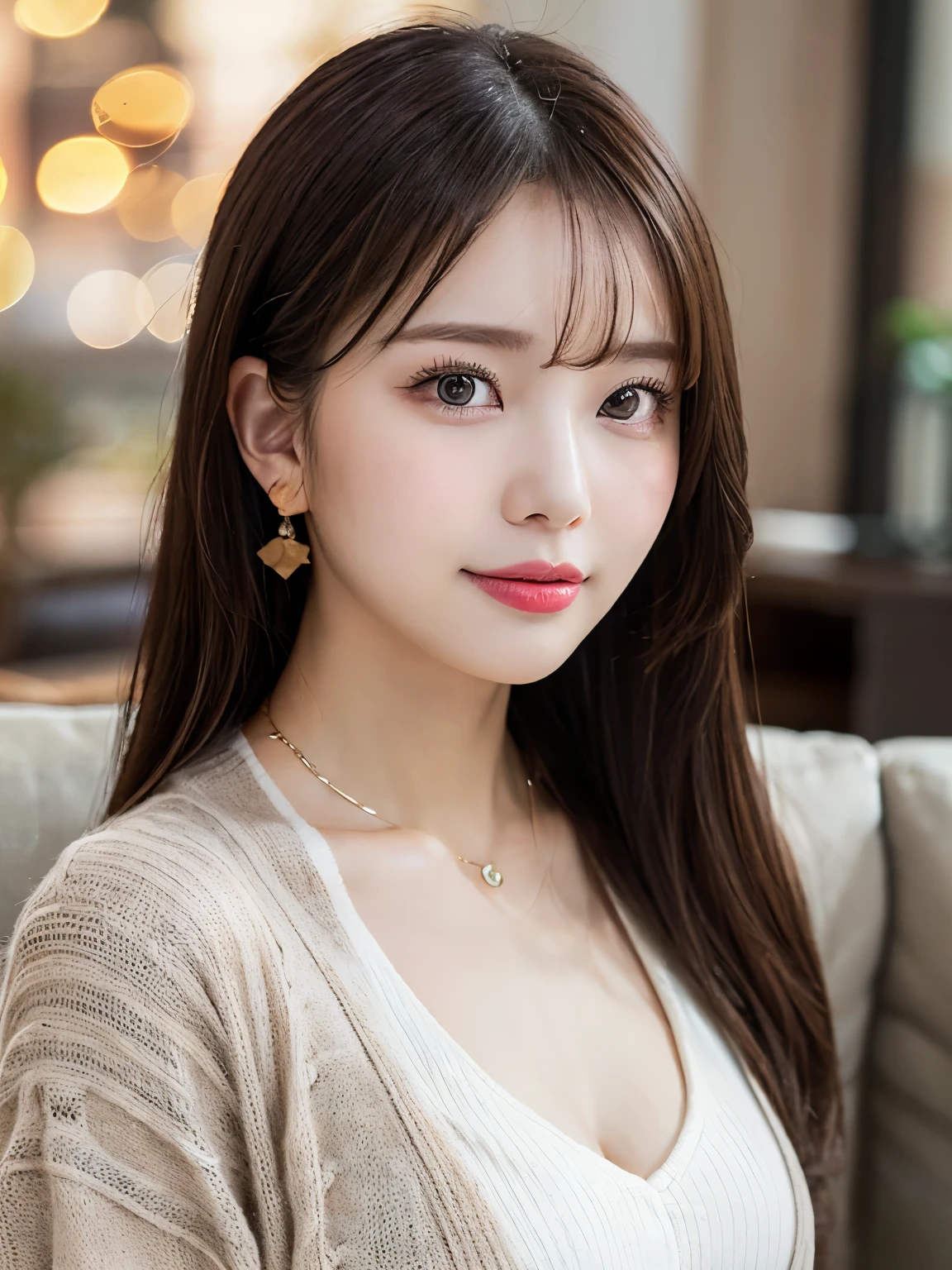 highest quality, ultra high resolution, (realistic:1.4), RAW photo, (Bokeh:1.7),(bright:1.5)
(Very wide々living room of a suite,luxury sofa, glass low table:1.3),|
1 japanese girl, 22 years old,(we say:1.4), heart shaped face, flat face, long eyes,
straight, rather thick eyebrows:1.3),bangs:1.3)),(dark brown hair),(:D),bust up shot,
Are standing,
break,
(halter neck knit, high-waisted wide-leg pants, sheer cardigan:1.3),