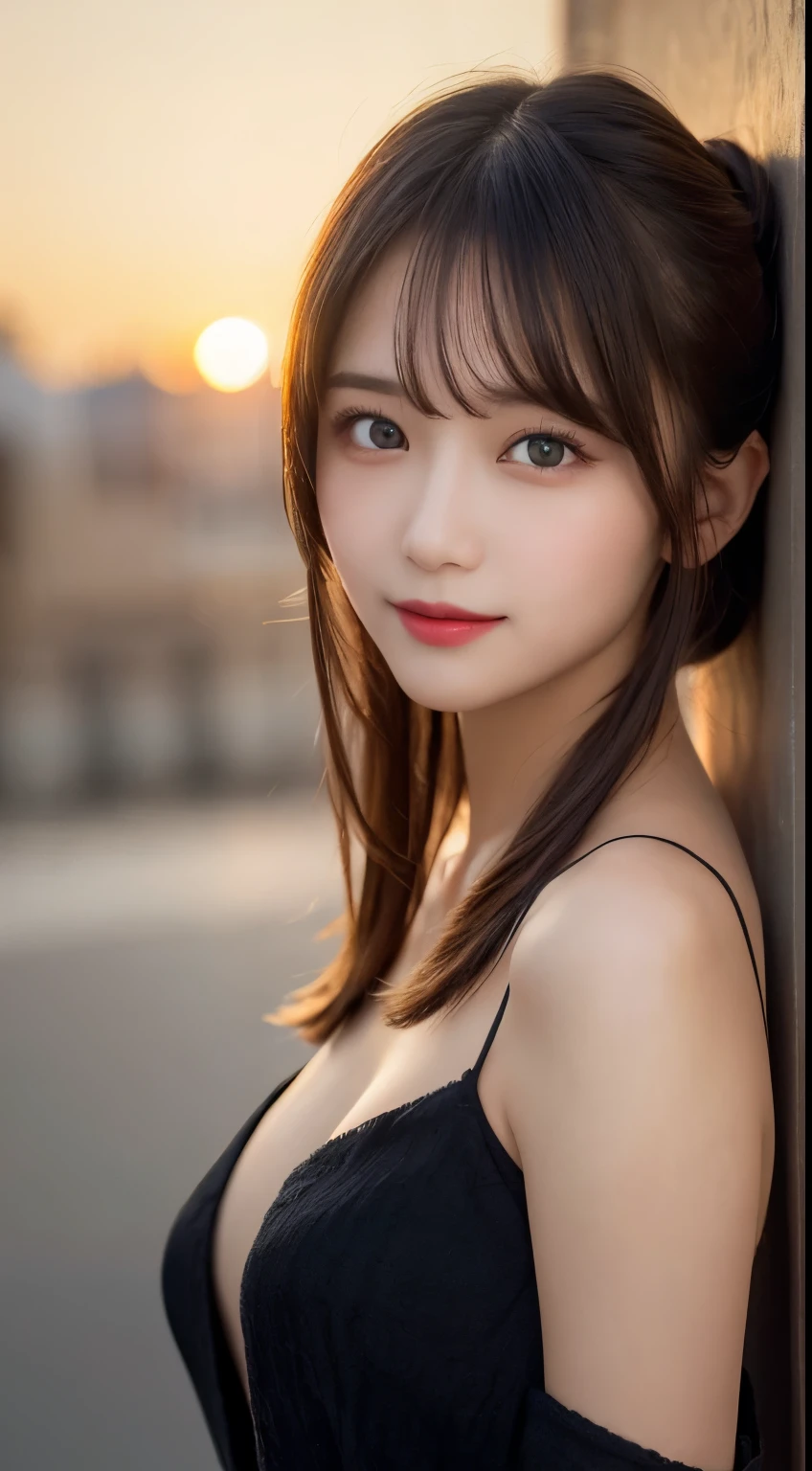 table top, highest quality, shape, Super detailed, finely, High resolution, 8k wallpaper, 完璧なダイナミックな構shape, beautiful and detailed eyes, straight hair, small breasts, natural color lip, random sexy pose,smile,20 year old girl、midnight、beautiful and detailed face、perfect and beautiful face,Big eyes、RAW photo、Expressing feminine poses with your whole body、beautiful and detailed eyes、small face、beautiful duplex、slim face and style,black off shoulder dress、beautiful golden ratio face,twin ponytail hair,bright look,Photographed focusing on beautiful legs、sunset