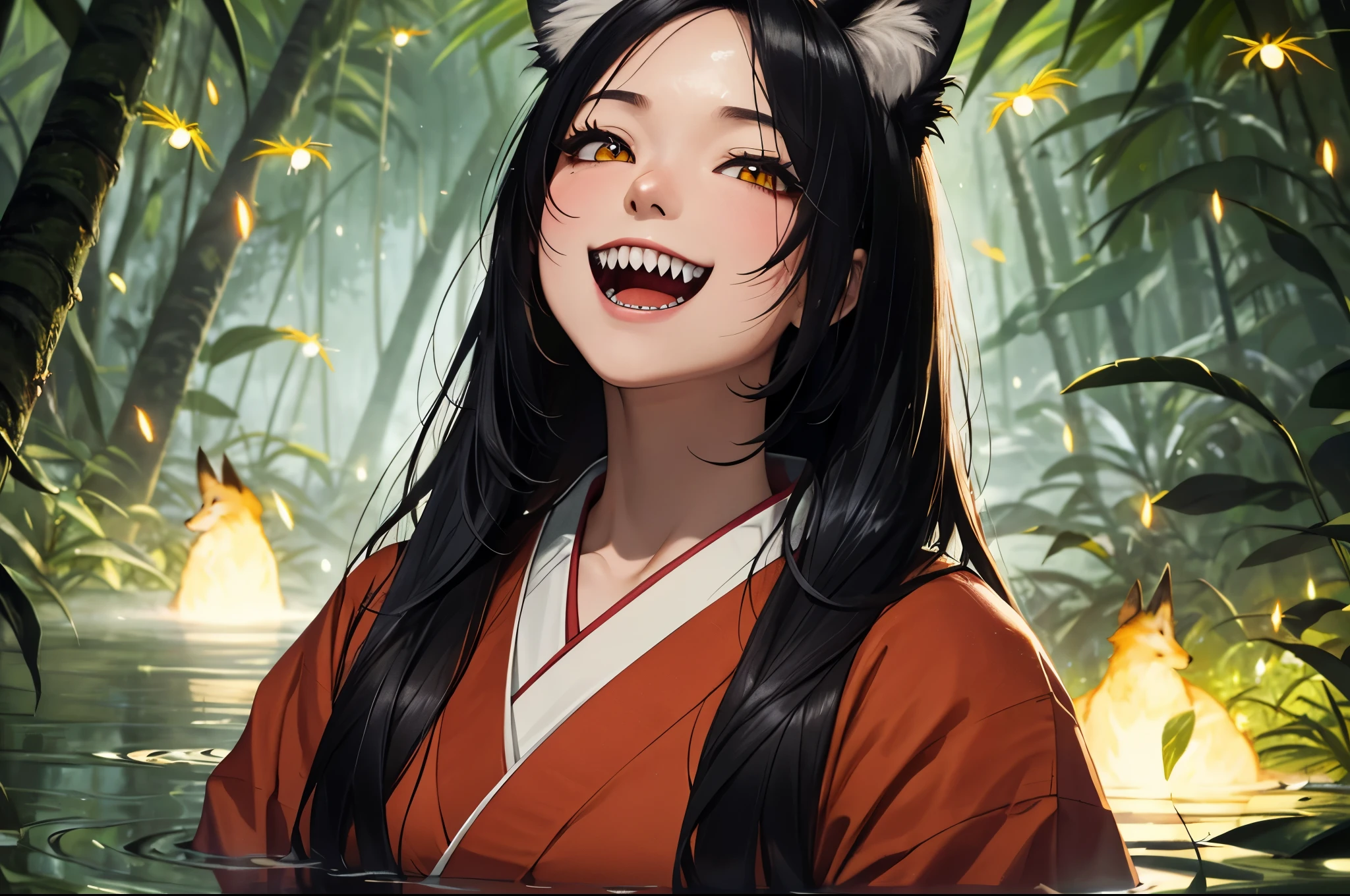 (masterpiece, best_quality, ultra-detailed, immaculate:1.3), portrait, (upper body), detailed face, detailed hands, ((1girl:1.35)), ((solo:1.5)), epic, kitsune, ((9 tail fox)), foxgirl, japanese spirit, ((sexy red kimono)), ((horny action pose)), ((happiness face expression)), ((grin, sharp teeth)), ((Raising her head)), ((exhaling breathing steam, breathing, howling)), curvy body, flair black hair, нellow fox glowing eyes, ((shadows, fog, mist, swamp, fireflies, jungle, rainforest background))