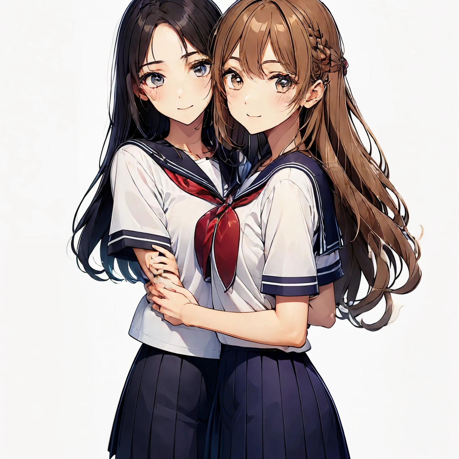 high quality,((2girls,chyuri,cuddle,smile)),Japanese high school student,short sleeve sailor school uniform,
