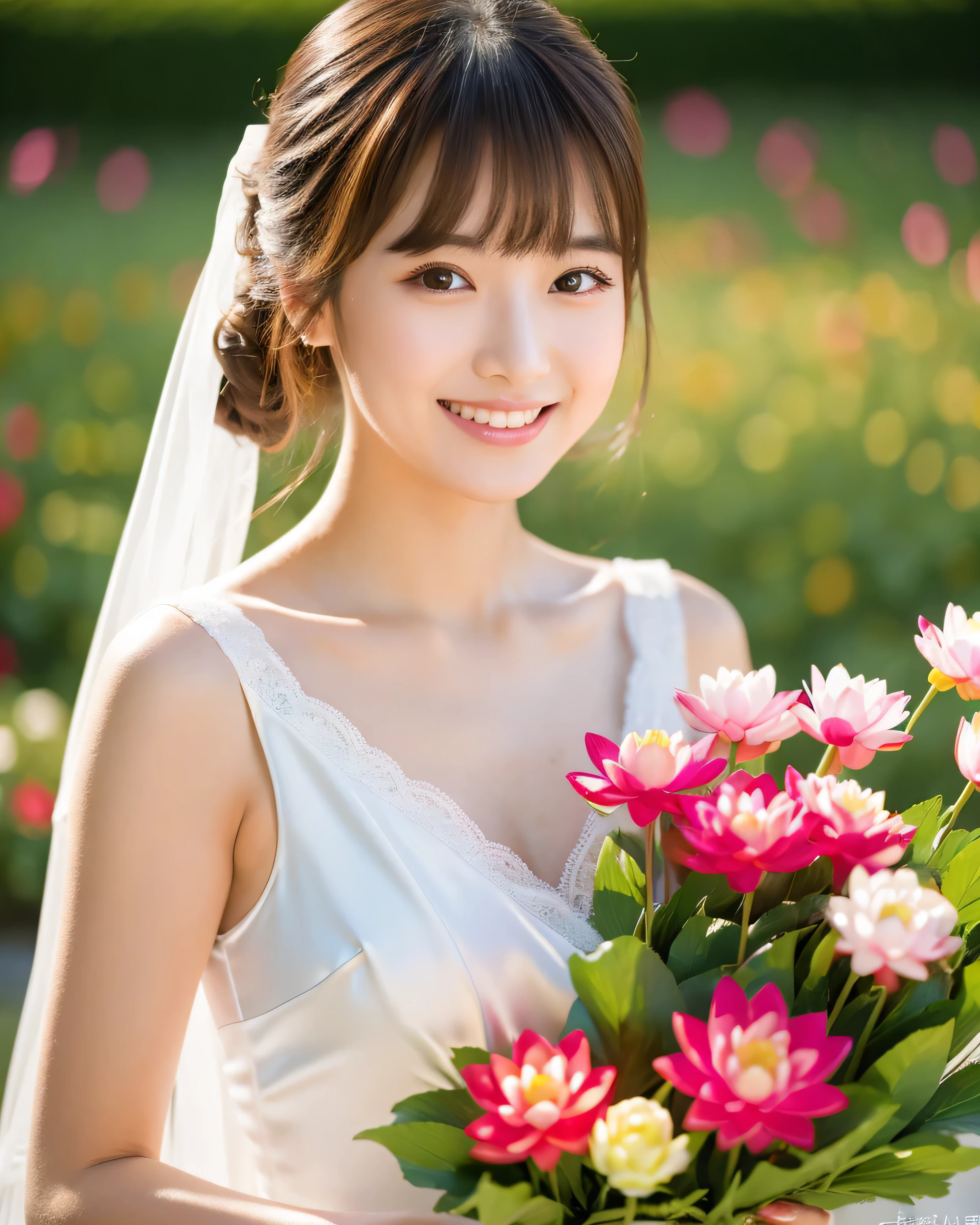 (highest quality, 8k, High resolution, masterpiece:1.5, ), beautiful japanese girl, 18-year-old, perfect human anatomy, big magical eyes, happy smile, shiny brown hair, beautiful side ponytail, asymmetrical bangs, smooth and soft skin, White bride costume, fine silk fabric, Detailed and perfect clavicle, High resolutionの美しい胸元, Soft-looking medium-sized breasts, (Holding a colorful bouquet in both hands:1.3), A beautiful lotus field, spring sunshine, professional lighting, professional photographer