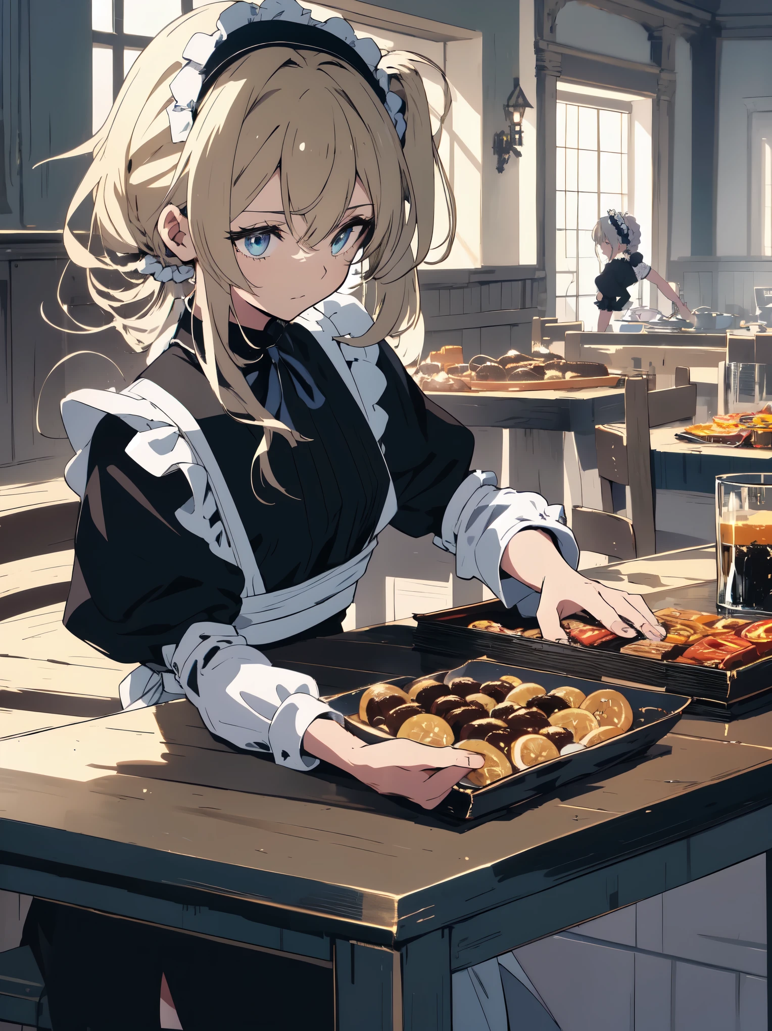 (master piece, highest quality, High resolution、detailed), (Shining eyes)、1 girl,blonde hair, maid, blue eyes, side ponytail, hair scrunchie, hair ornaments, blue scrunchie, maid headdress, apron, (A lot of sweets are arranged on the table、White tablecloth)hair between eyes, chest, long sleeve, bangs, white shirt, black dress, side lock, maid apron, black pantyhose,  cowboy shot,indoor、Western-style room、beautiful anime