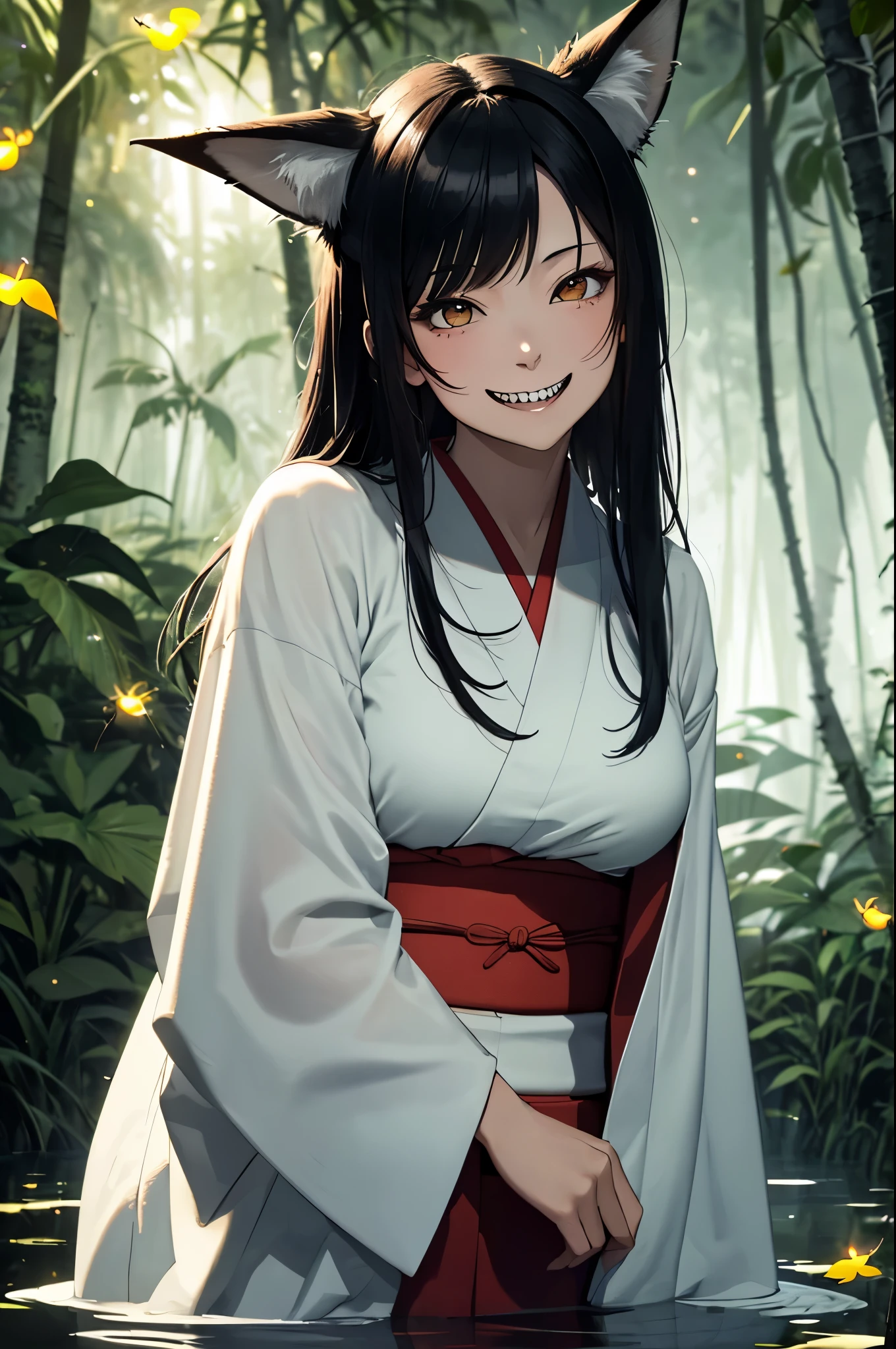 (masterpiece, best_quality, ultra-detailed, immaculate:1.3), portrait, (upper body), detailed face, detailed hands, ((1girl:1.35)), ((solo:1.5)), epic, kitsune, ((9 tail fox)), foxgirl, japanese spirit, ((sexy red kimono)), ((horny action pose)), ((happiness face expression)), ((grin, sharp teeth)), ((Raising her head)), ((exhaling breathing steam, breathing, howling)), curvy body, flair black hair, нellow fox glowing eyes, ((shadows, fog, mist, swamp, fireflies, jungle, rainforest background))