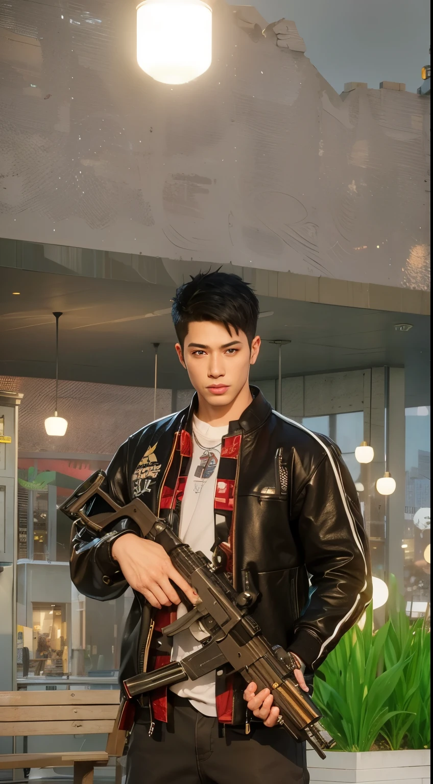 ((super realistic))arafed man in a black jacket and denim shorts standing in front of a building, style game square enix, realistic artstyle, inspired by Sim Sa-jeong, urban boy fanart, trending on cgstation, fashion gameplay screenshot, realism artstyle, diesel punk male, game cg, casual pose, realistic anime 3 d style, trending at cgstation, cyberpunk style outfit