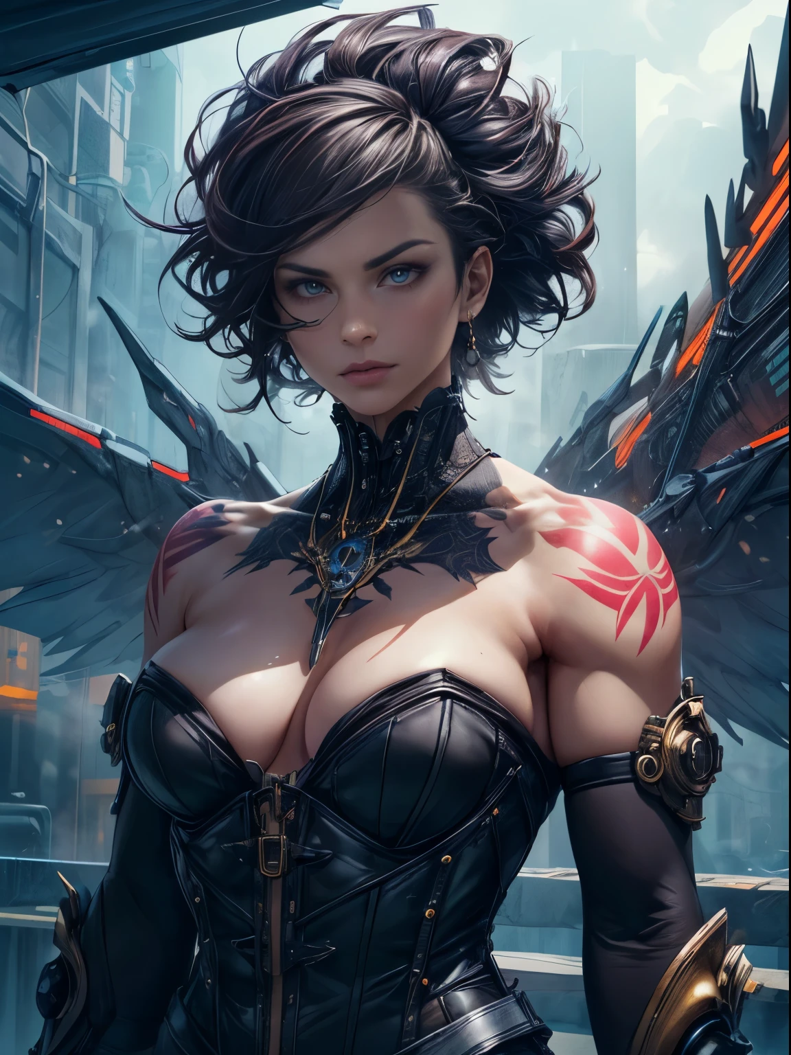 closed up face, upper body, muscular girl,steampunk,illustration,mechanical,cyberpunk,brass goggles,leather corset,gear accessories,metallic arm sleeves,dark smoky background,vibrant colors,soft lighting,extraordinary details,best quality,ultra-detailed,contrasting shadows,gritty texture,industrial setting,adventurous posture,exquisite craftsmanship,sharp focus,vivid colors,engineered aesthetics,futuristic technology,high-resoluton masterpiece,mechanical tattoos,anatomical precision,imposing presence,riveting expression,mechanical wings,steam-powered gadgets,meticulous gear mechanism,mechanical exoskeletons