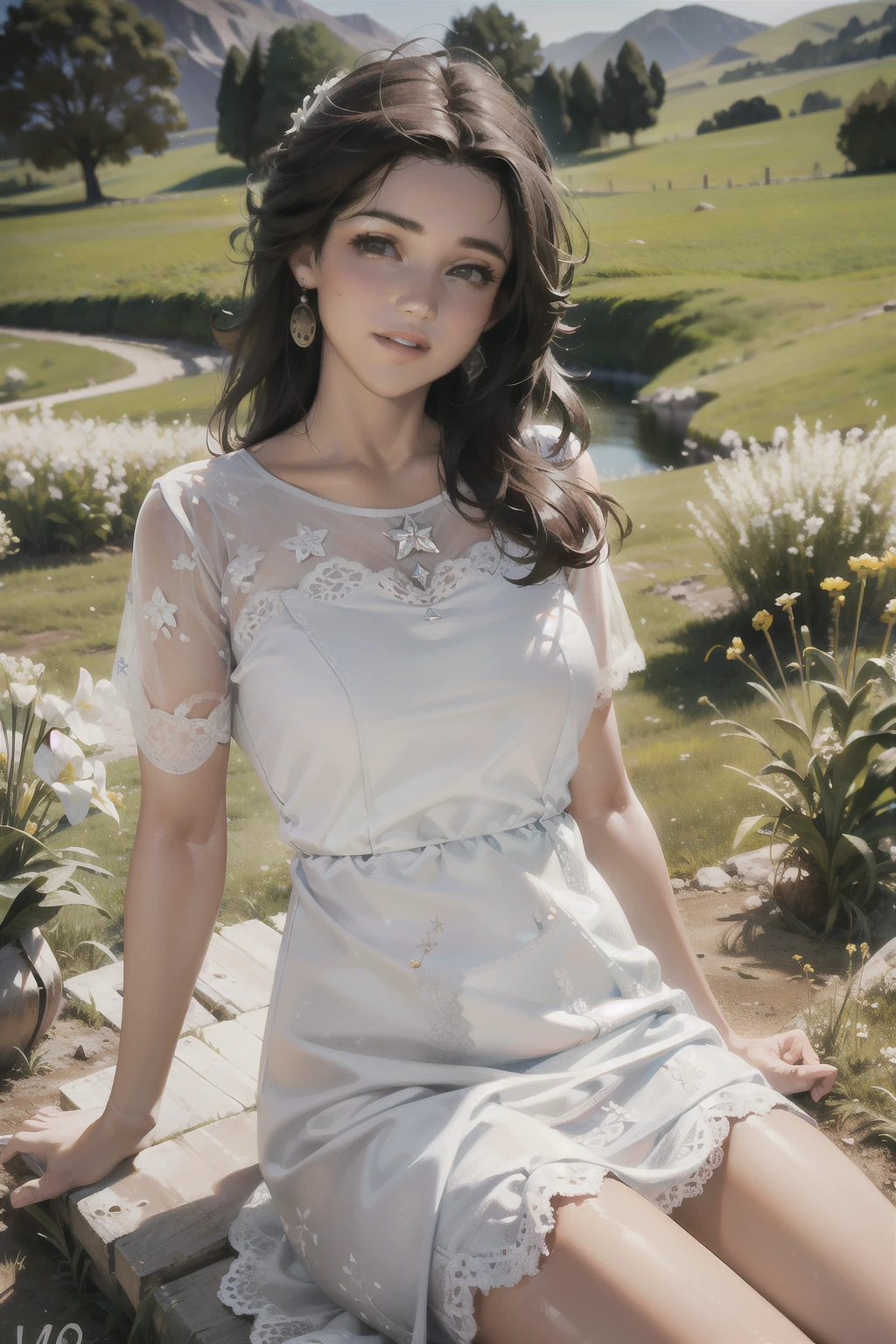 Mejor calidad, Obra maestra, ultra high resolution, (fotorrealista:1.4), foto cruda, 1 chica, vestido blanco, fuera del hombro, campo de flores, piel brillante, sonrisa ligera