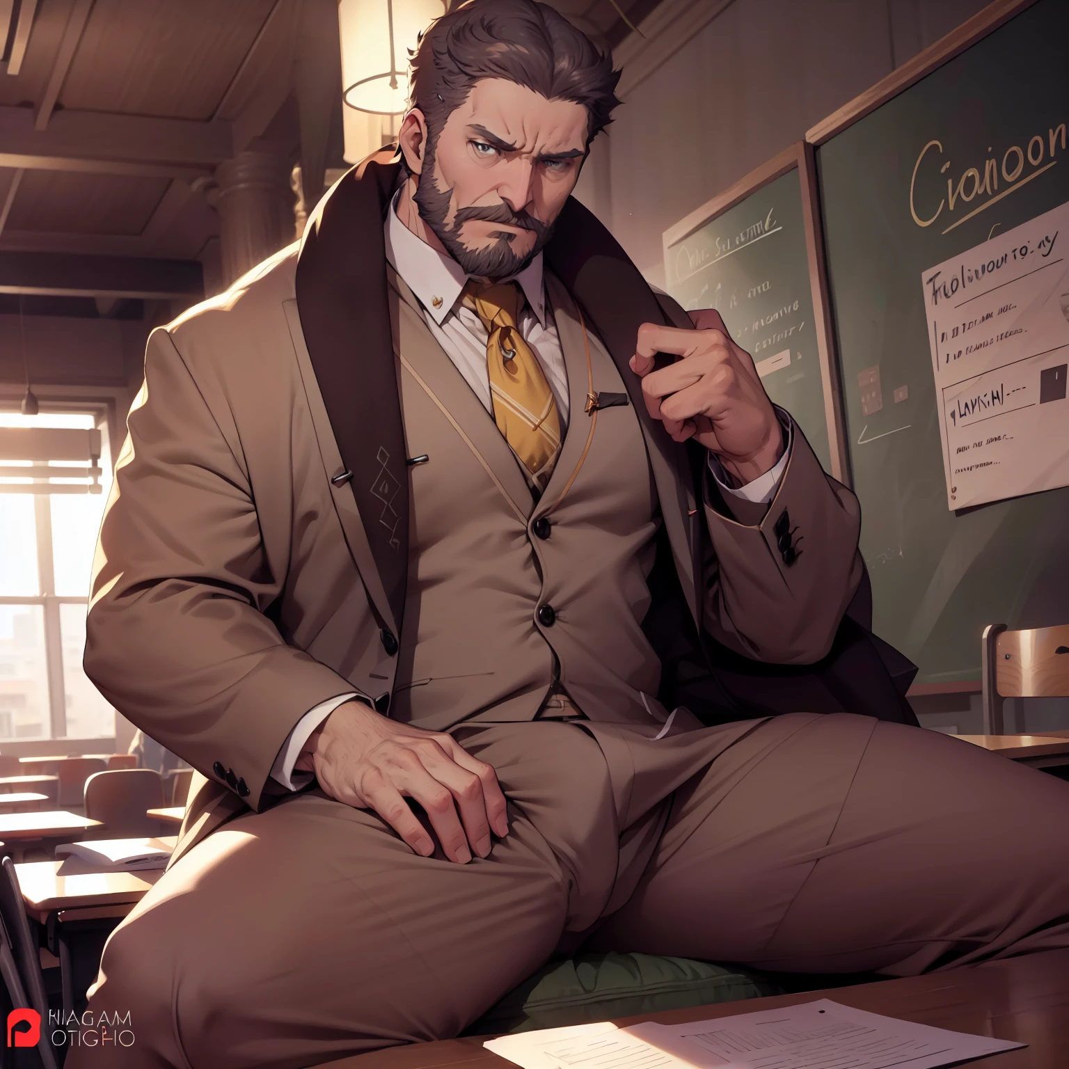 Handsome professor, muito lascivo, imponente, Vista frontal, below pov, corpo inteiro, 40 years old, short hair , thick beard, peitorais largos, peitorais enornes, hair chest, pose imponente, He's mad, angry face, he is in the classroom, he is sitting with his legs open, wearing a tight formal red shirt, tight formal black pants, big bulge, bara, pixiv, visible penis line, Obra-prima maravilhosa altamente detalhada, beautiful cinematic light deep focus, elegante, Pintura digital, sementes, sharp focus, golden ratio, dramatic lighting, 8k