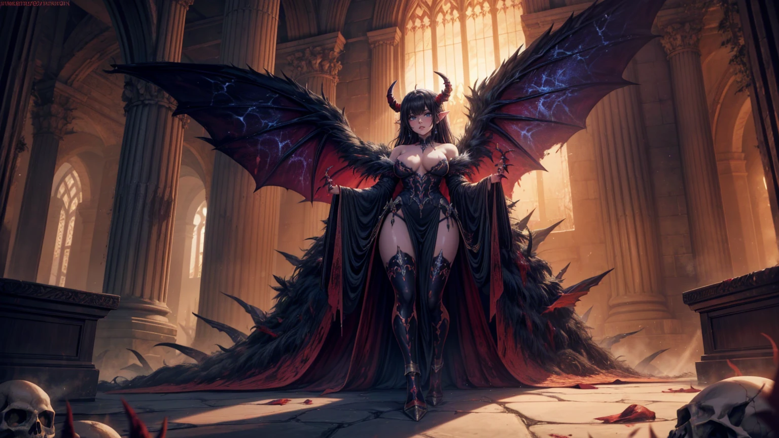 a demon woman with large horns, strong and strong upper body, demon skins, skins, ((claws, wings)), demonic armor, blood splatters, skulls on the ground, standing in a blood ritual, medieval, dark room, dim light, masterpiece, realistic, oil painting, photorealistic, indirect lighting, volumetric light, ray tracing, hyper-detailed, best quality, ultra-high resolution, HDR, (8k, Best Quality, Masterpiece:1.2), Ultra Detail, RAW Photo, Super Resolution, Professional Photo, Extremely Detailed and Beautiful,


