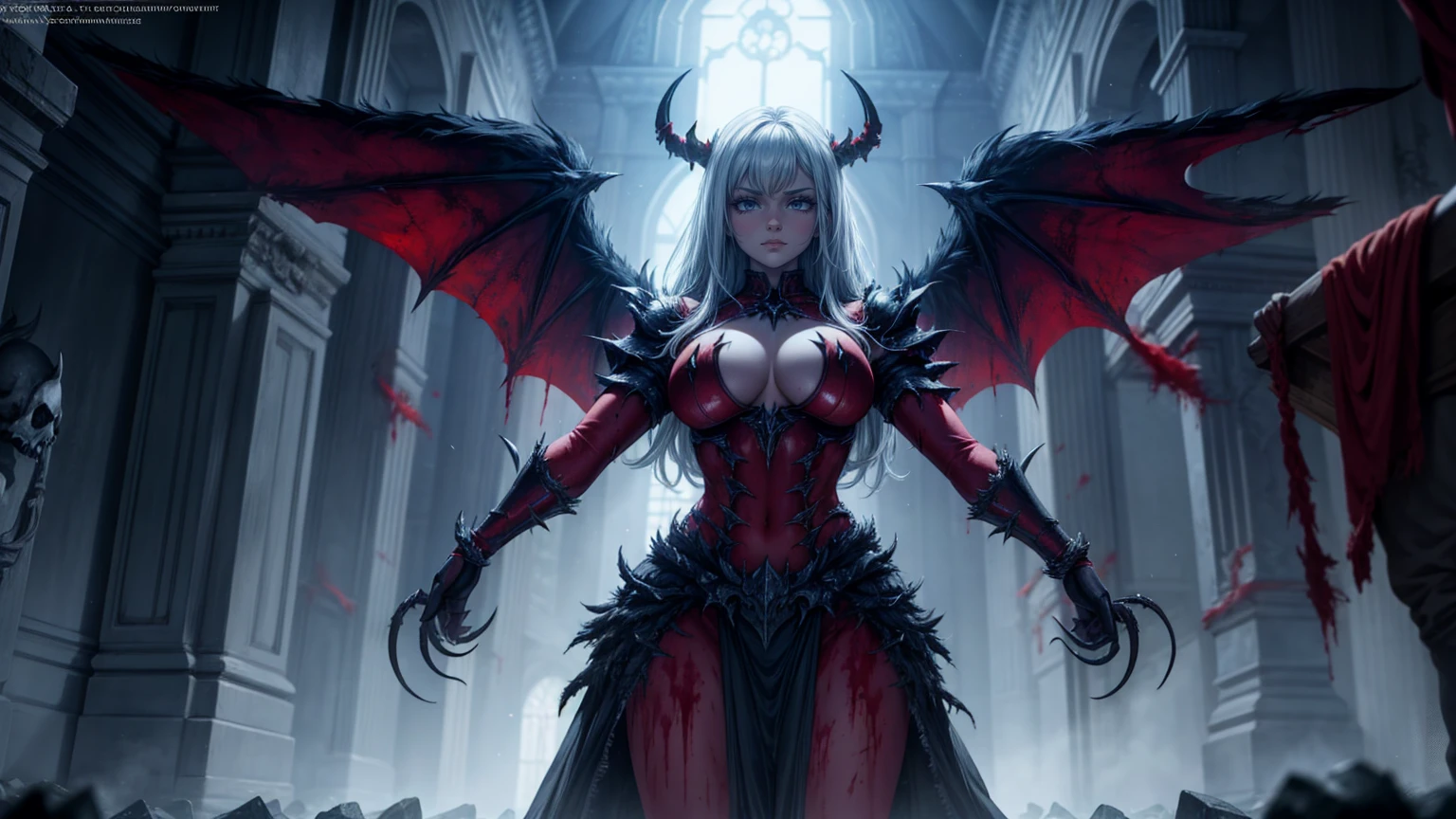 a demon woman with large horns, strong and strong upper body, demon skins, skins, ((claws, wings)), demonic armor, blood splatters, skulls on the ground, standing in a blood ritual, medieval, dark room, dim light, masterpiece, realistic, oil painting, photorealistic, indirect lighting, volumetric light, ray tracing, hyper-detailed, best quality, ultra-high resolution, HDR, (8k, Best Quality, Masterpiece:1.2), Ultra Detail, RAW Photo, Super Resolution, Professional Photo, Extremely Detailed and Beautiful,


