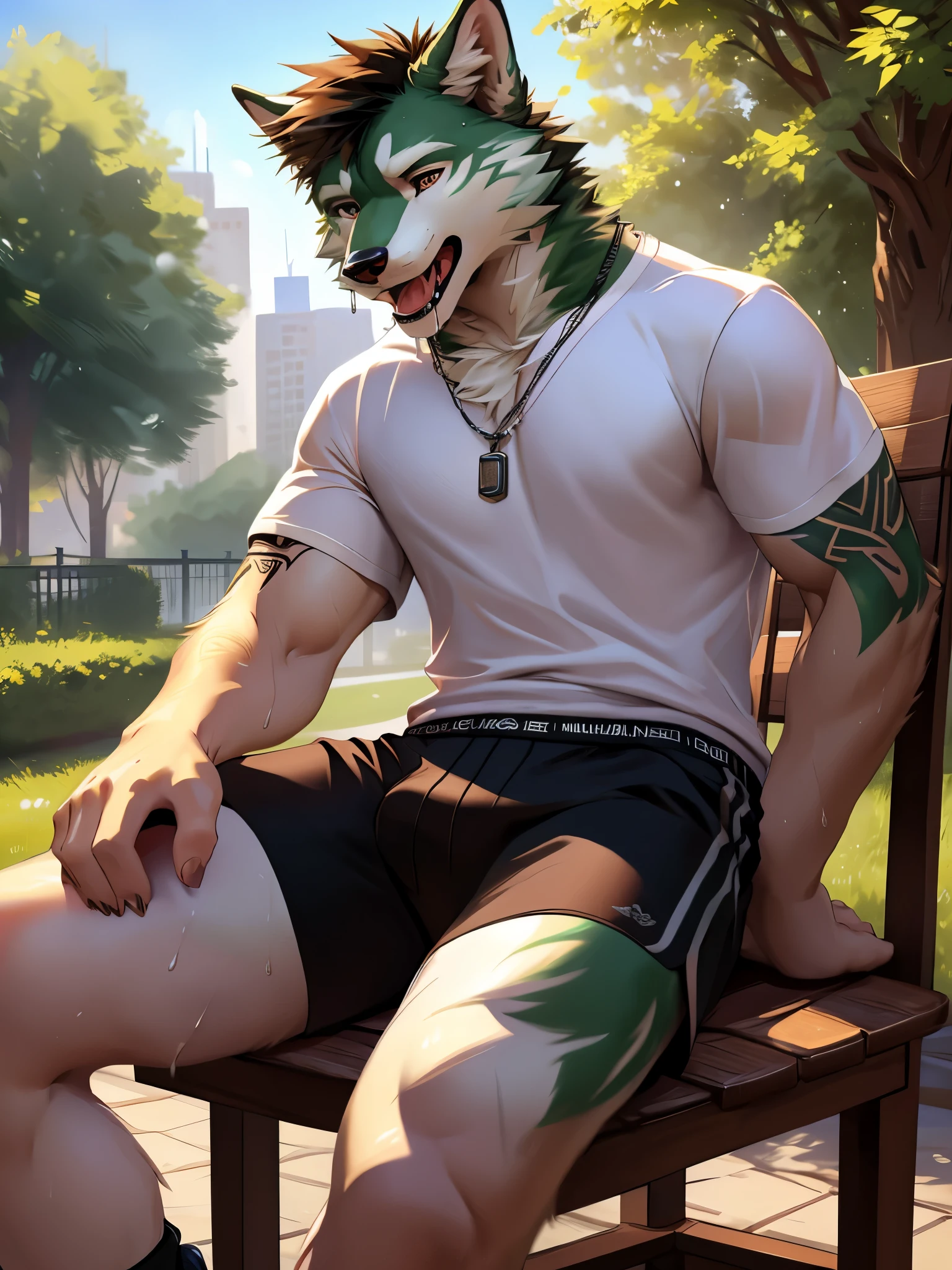 posted on e621, (by Chunie), Green and white fur wolf, tattoo on hand, tattoo, sit down, on a garden chair, abs, Slim body, full body like, without clothes, City Park, necklace, best quality, detail background, detail fur, furry, Jersey t-shirt, Wear black shorts, Jordan shoes, exhausted,  (sweat:1.1, wet:1.1), open mouth (steaming breath:1.2, drooling, dripping saliva, thick drool), tongue sticking out, Abstract beauty, ultra detailed face, depth of field, motion blur, high details, high quality, award winning, HD, 16k, (best quality,4k,8k,highres,masterpiece:1.2),ultra-detailed,realistic:1.37,HDR,UHD,studio lighting,extreme detail description,professional,vivid colors,bokeh,lively atmosphere, natural lighting