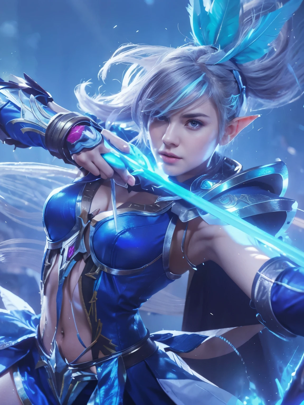 Extremely realistic, Ultra detailed, Make a this realistis, ((8K, Raw, Photography realistic:1.25)), a woman with a sword in her hand and a blue outfit, mobile legends, ashe, hyper realistic body detailed, feather, hyper realistic and iron armor, hyper realistic and detailed clothes, extremely detailed artgerm, ig model | artgerm, official splash art, portrait knights of zodiac girl, alluring elf princess knight, mobile wallpaper, trending artgerm, astri lohne, maya ali as a lightning mage, splash art, bowstring