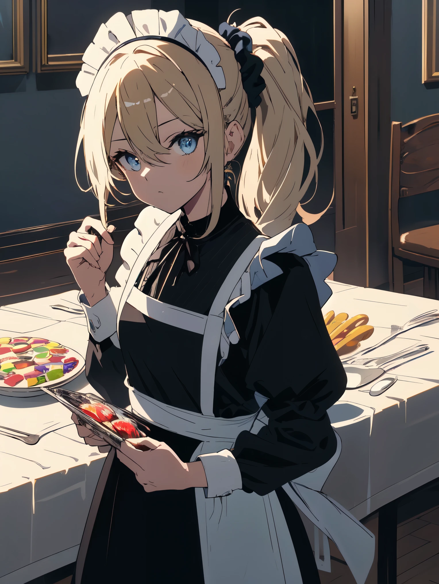 (master piece, highest quality, High resolution、detailed), (Shining eyes)、1 girl,blonde hair, maid, blue eyes, side ponytail, hair scrunchie, hair ornaments, blue scrunchie, maid headdress, apron, (A lot of sweets are arranged on the table、White tablecloth)hair between eyes, chest, long sleeve, bangs, white shirt, black dress, side lock, maid apron, black pantyhose,  cowboy shot,indoor、Western-style room、beautiful anime