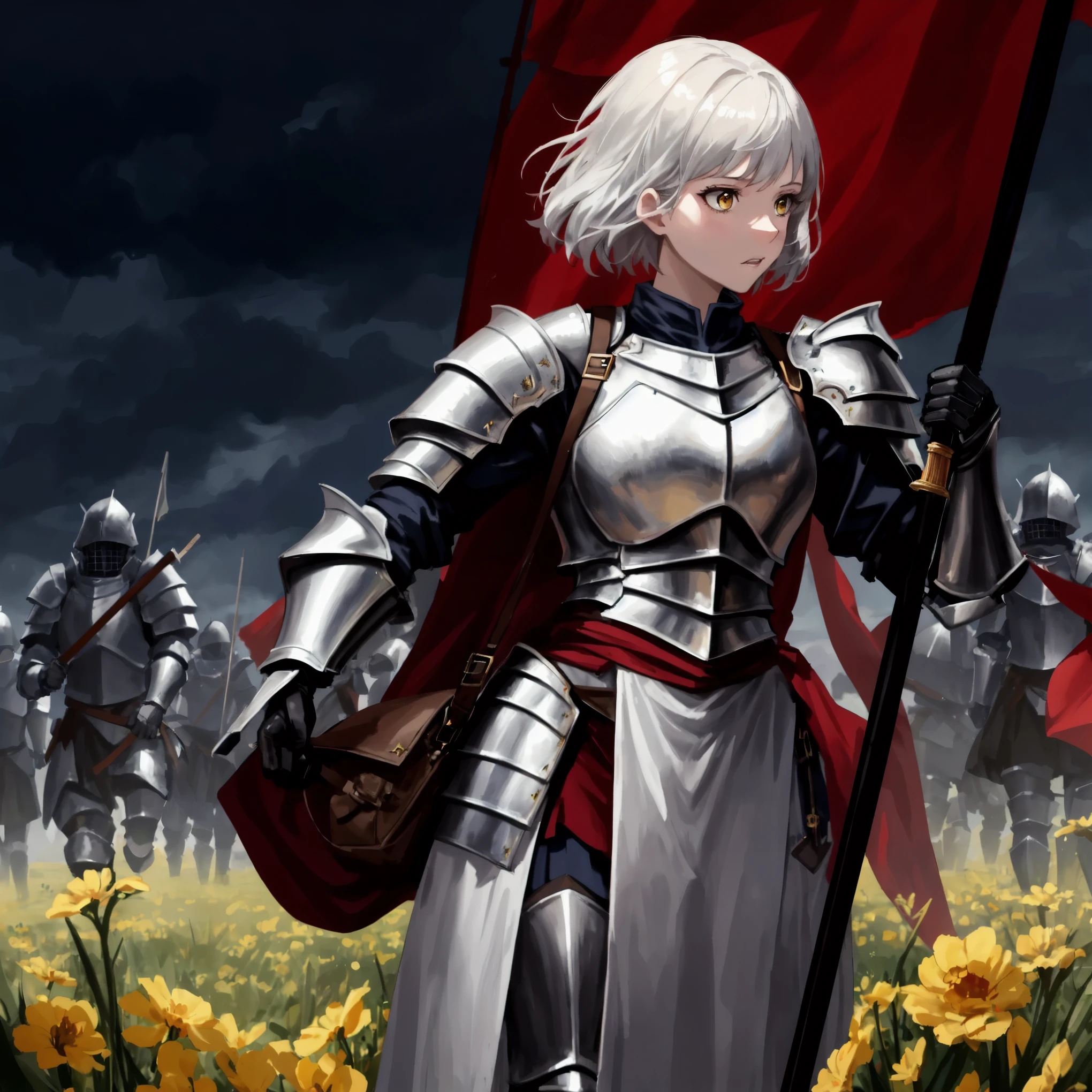 masterpiece, best quality, young woman, armor, standard-bearer, (holding red banner in one hand), gloves, looking to the side, short silver hair, yellow eyes, extremely detailed, breastplate, shoulder pads, skirt, bag, red cape, in the field, dark clouds, cloudy, soldiers in armor on background