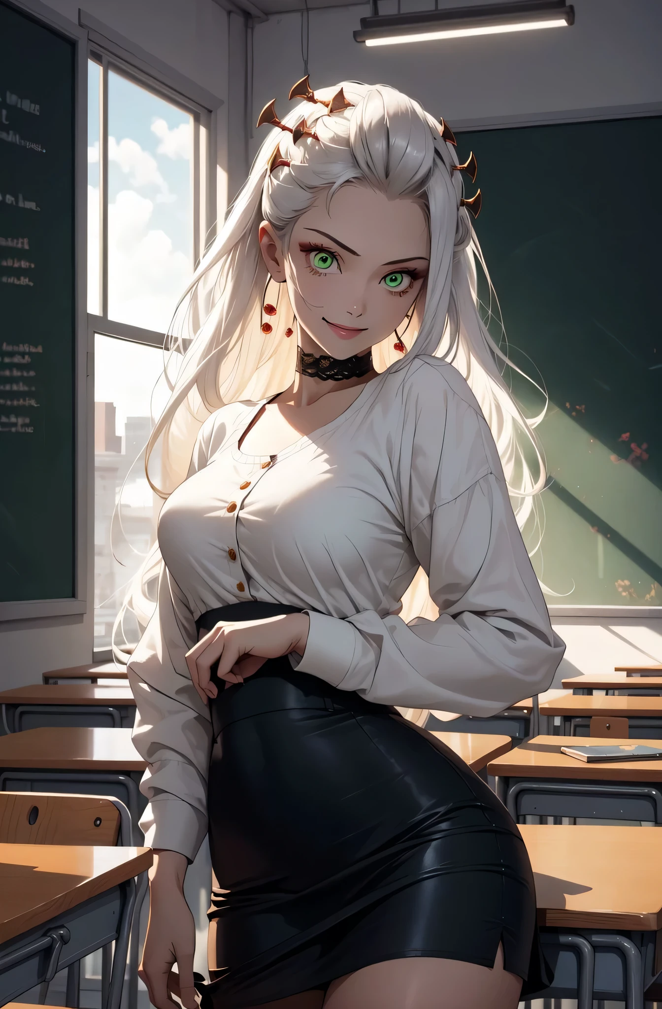 Illustration of a woman, pale skin, cabelos longos e fluindo, cabelos brancos, sombra no rosto, olhos verdes, detalhamento refinado, saia midi transpassada, gargantilha de renda, medium breasts, original, high resolution, fundo de sala de aula, Indie aesthetics, tema escolar, sorriso, cabelo majestoso, marvelous illustration, obra-prima, melhor qualidade, Magia:1.1, rastreamento de raios, sombra no rosto, detalhe intricado:1.2, ultra detalhado:1.2, luz detalhada, Dynamic Pose.