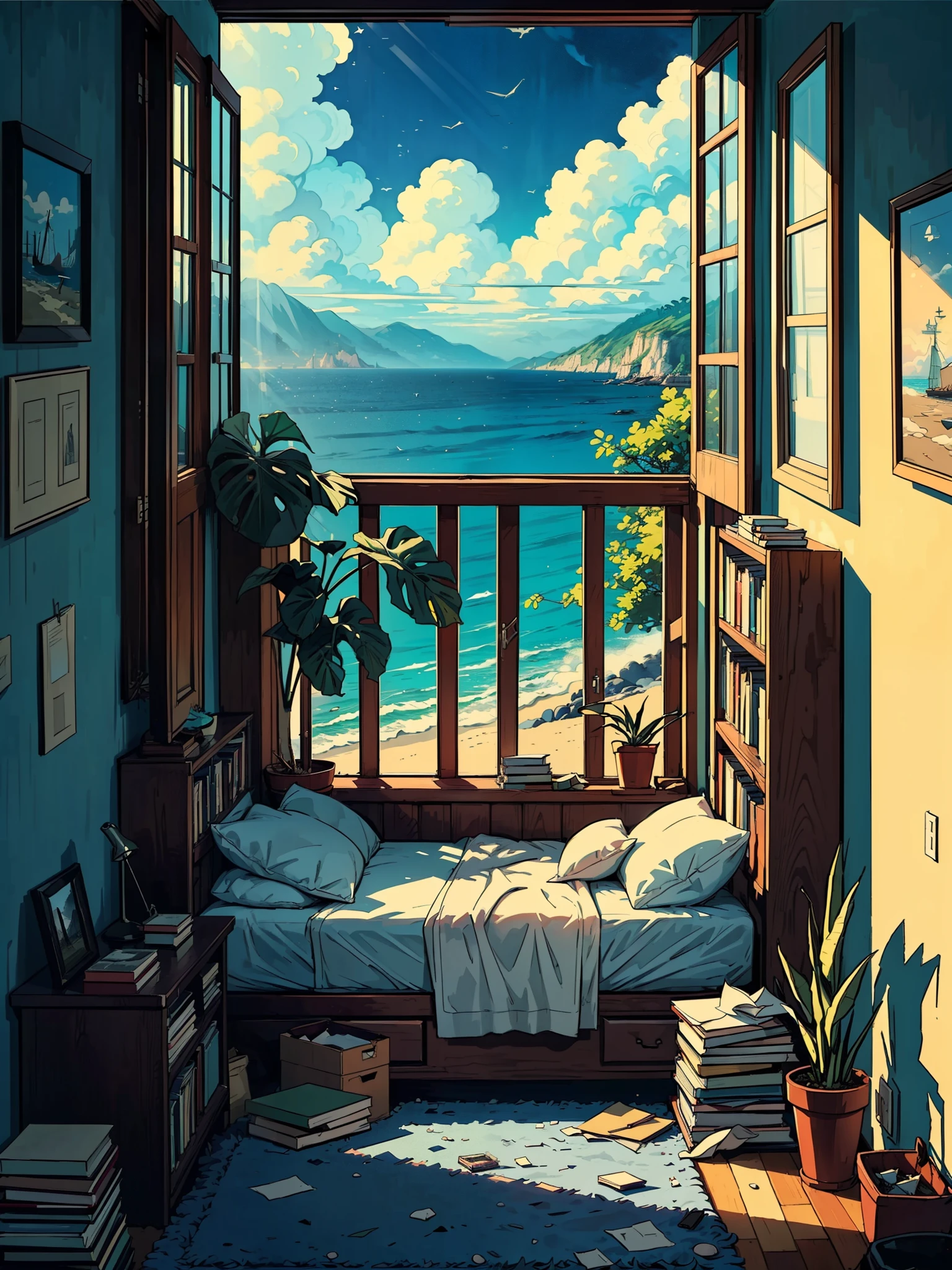 (masterpiece:1), (full view:1.5), (interior of cluttered bed room with papers lying on carpet:1.6), (books piled high on desks, and papers scattered:1.3), silence, (sunlight filters through the window, casting shadows and illuminating the chaos:1.4), (Outside, the sea backdrop:1.5), magnificent sky, (Dim volumetric light:1.2), peaceful, (tropical plant pots:1.3), (beautiful tones:1.5), (lofi ambience :1.2), (evening scene:1.3), (beautiful aesthetics:1.2), (scattered cloudy sky:1.4), beautiful tones, subtle colors, peaceful, (illustration: 1.0), epic composition, realistic lighting, HD details, masterpiece, best quality, ,