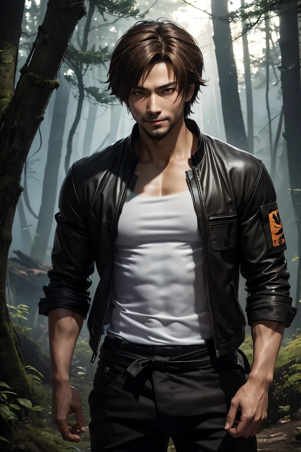 A male, (intricate details:1.22), HDR, (intricate details, hyperdetailed:1.2), full body, cinematic, intense, cinematic composition, cinematic lighting, (rim lighting:1.3), color classification, , casual clothing, face Eren Yeager, strong body. 8K, blurred forest background
