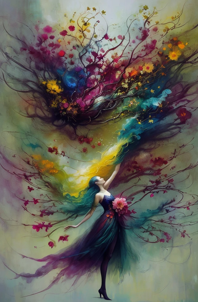 caos, elegante, vivid colors, arte por Anne Bachelier, Atmospheric, a girl, elegante, Borboletas, flores florescendo, Em Movimento, Dramatic, corpo inteiro, organic composition