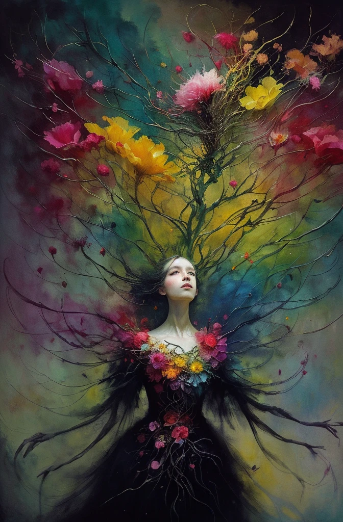 caos, elegante, vivid colors, arte por Anne Bachelier, Atmospheric, a girl, elegante, Borboletas, flores florescendo, Em Movimento, Dramatic, corpo inteiro, organic composition