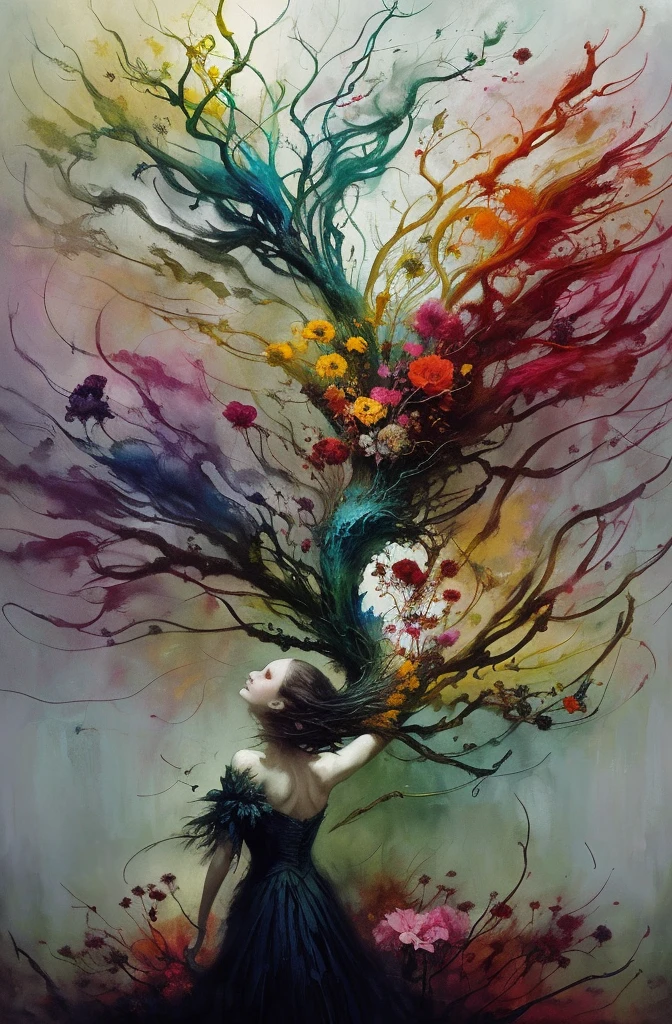 caos, elegante, vivid colors, arte por Anne Bachelier, Atmospheric, a girl, elegante, Borboletas, flores florescendo, Em Movimento, Dramatic, corpo inteiro, organic composition