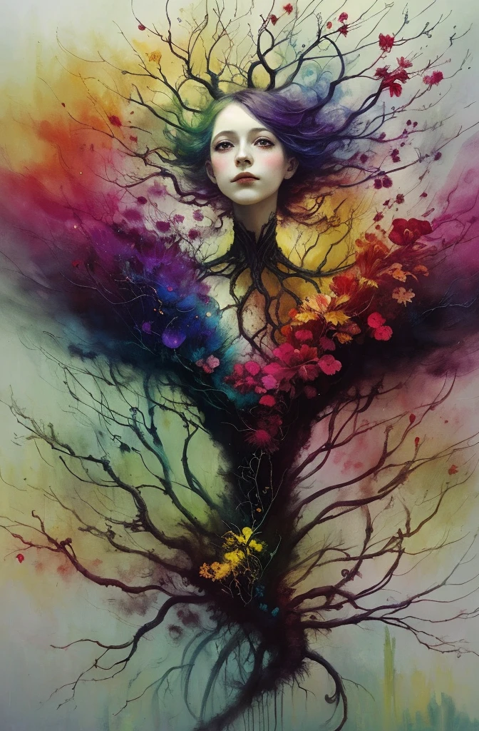 caos, elegante, vivid colors, arte por Anne Bachelier, Atmospheric, a girl, elegante, Borboletas, flores florescendo, Em Movimento, Dramatic, corpo inteiro, organic composition