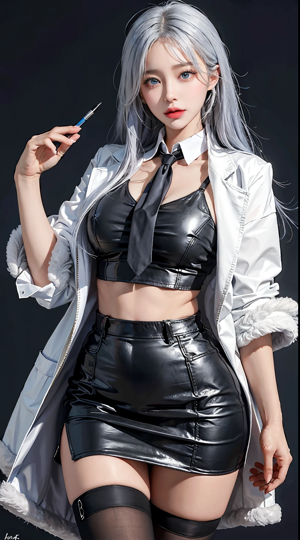 lifelike, high resolution, soft light, 1 female, alone, Buttocks up, blue eyes, white hair, long hair, Close your lips, collared shirt, black tie,black skirt, pencil skirt, fur coat,