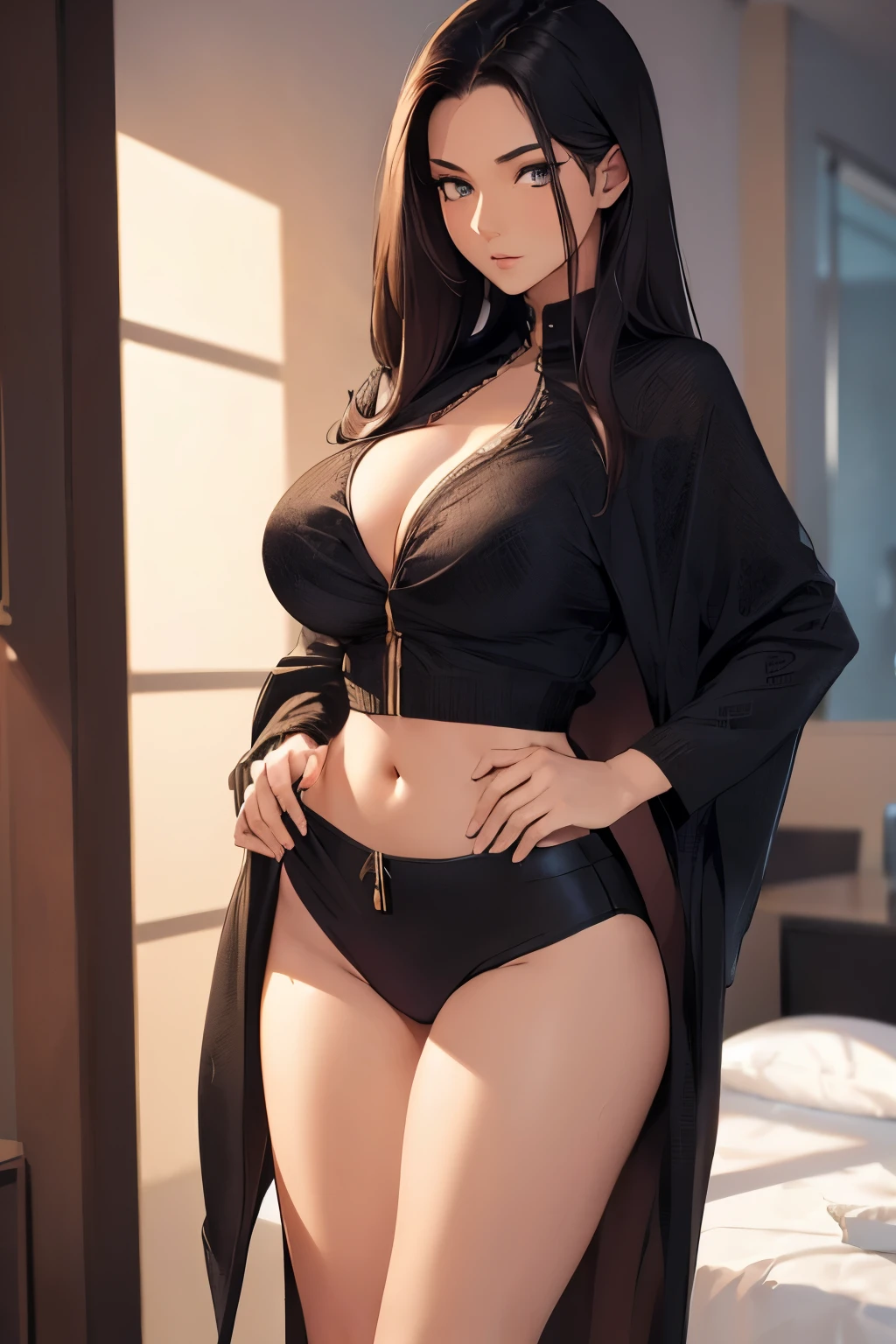 (masterpiece, best quality, detailed illustration, high resolution), ((1girl, solo)), ((huge breasts, slim waist, long legs, fit body, toned body)), ((black hair)), ((casual clothes)), ((full body, closeup view)), ((standing)), ((looking at the viewer, facing the viewer)), office setting, ((fair skin)), oiled skin, ((large breasts, mature woman, mature female, mature lady)), ((straight hair)), (detailed eyes), ((standing))