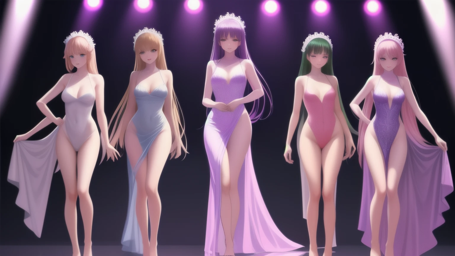 beauty pageant, final, a few young beauty on the stage, perfect body, different long dresses,