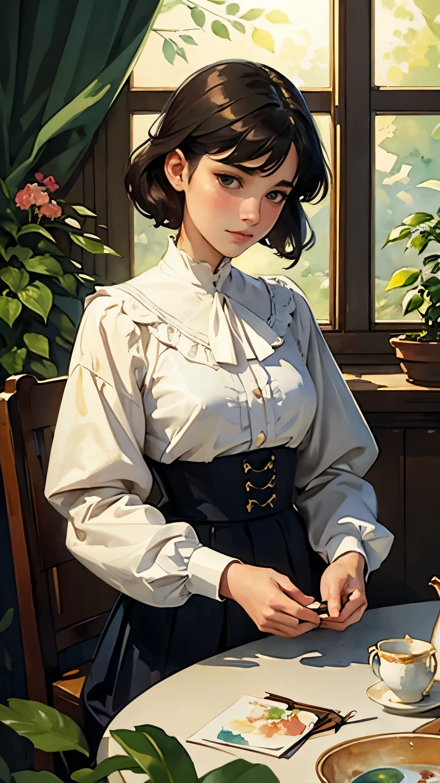 ((Watercolor painting by Singer Sargent))、Impressionist style painting、art of edouard bisson、(highest quality、masterpiece)、1 girl、、wonderful、short black hair、black eye、small breasts、uniform、blouse、long skirt、glass house、flower shop、table、Floral、Tea set、window、aquarium、Foliage plant、 wood,soft light、(vintage, classic)、