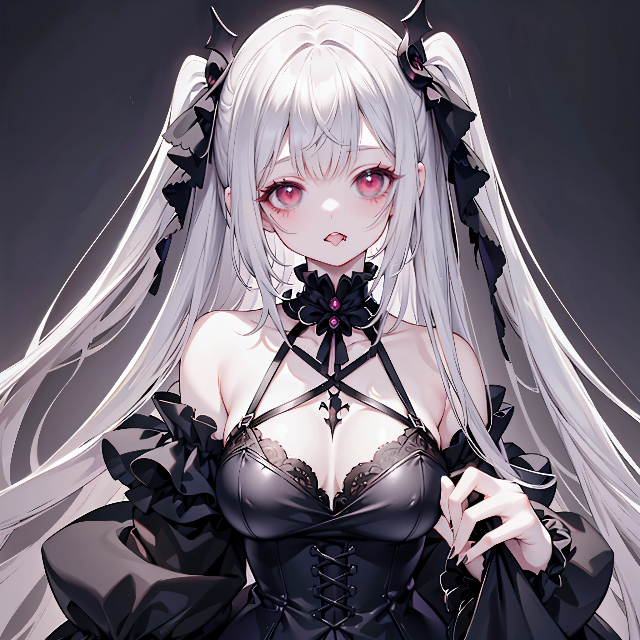 Gothic aesthetic, 1girl, detail Eroguro, Gore detailes, Kawaii Details, only 5 fingers on each hand, dynamic angle, perfect anatomy, teeth sticking out of the neck with a tongue out, skull on top of head and blades protruding from shoulder,