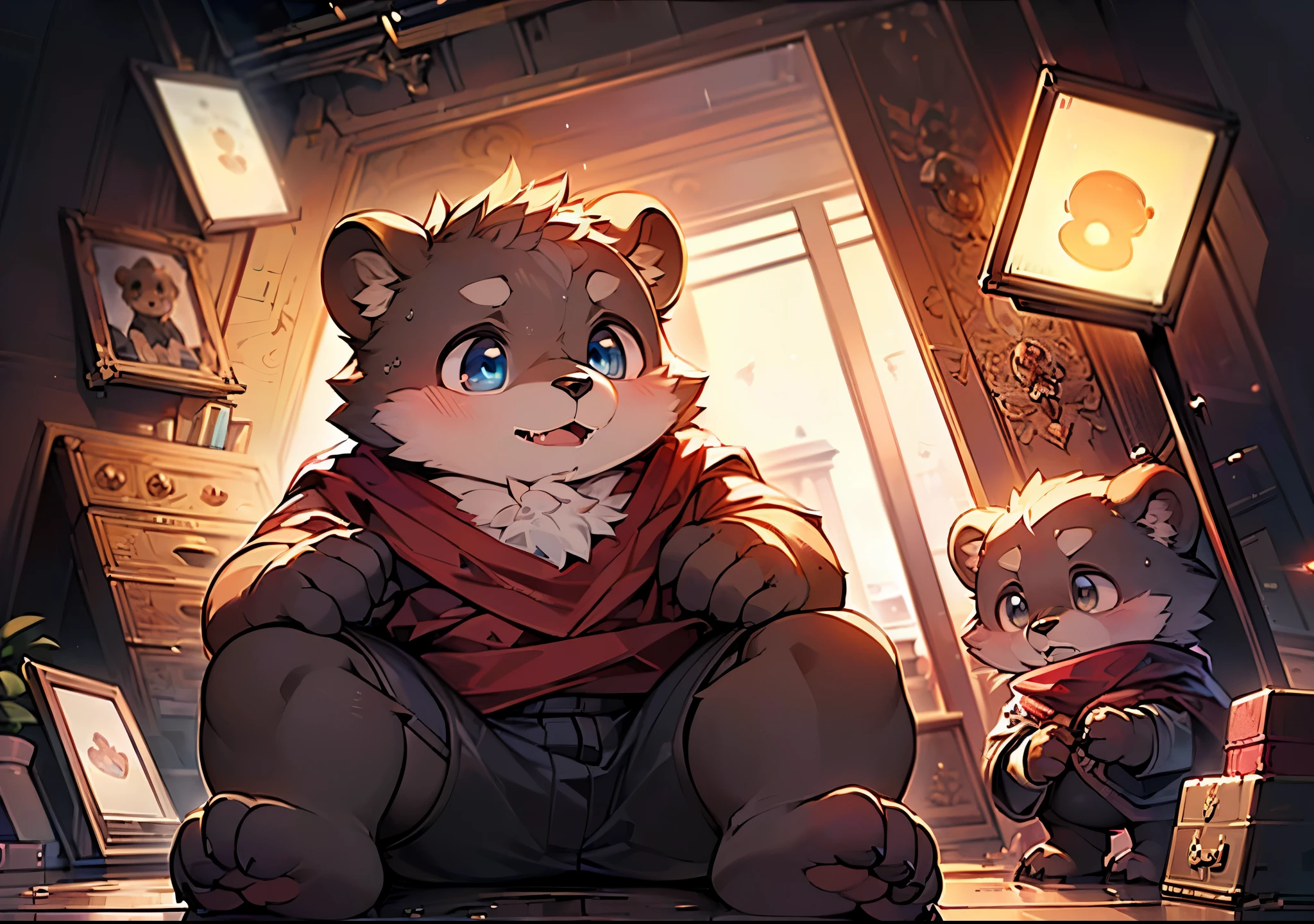 (((masterpiece: 1.2, best quality, HD: 1.1, rich background: 1.1)), grizzly bear，Bear cubs:1.3，cute，Slightly fat:1.3，rainy day:1.3