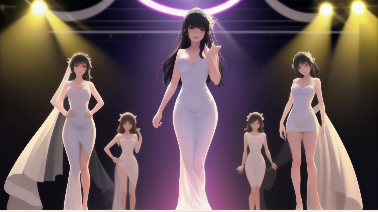beauty pageant, final, a few young beauty on the stage, perfect body, different long dresses,