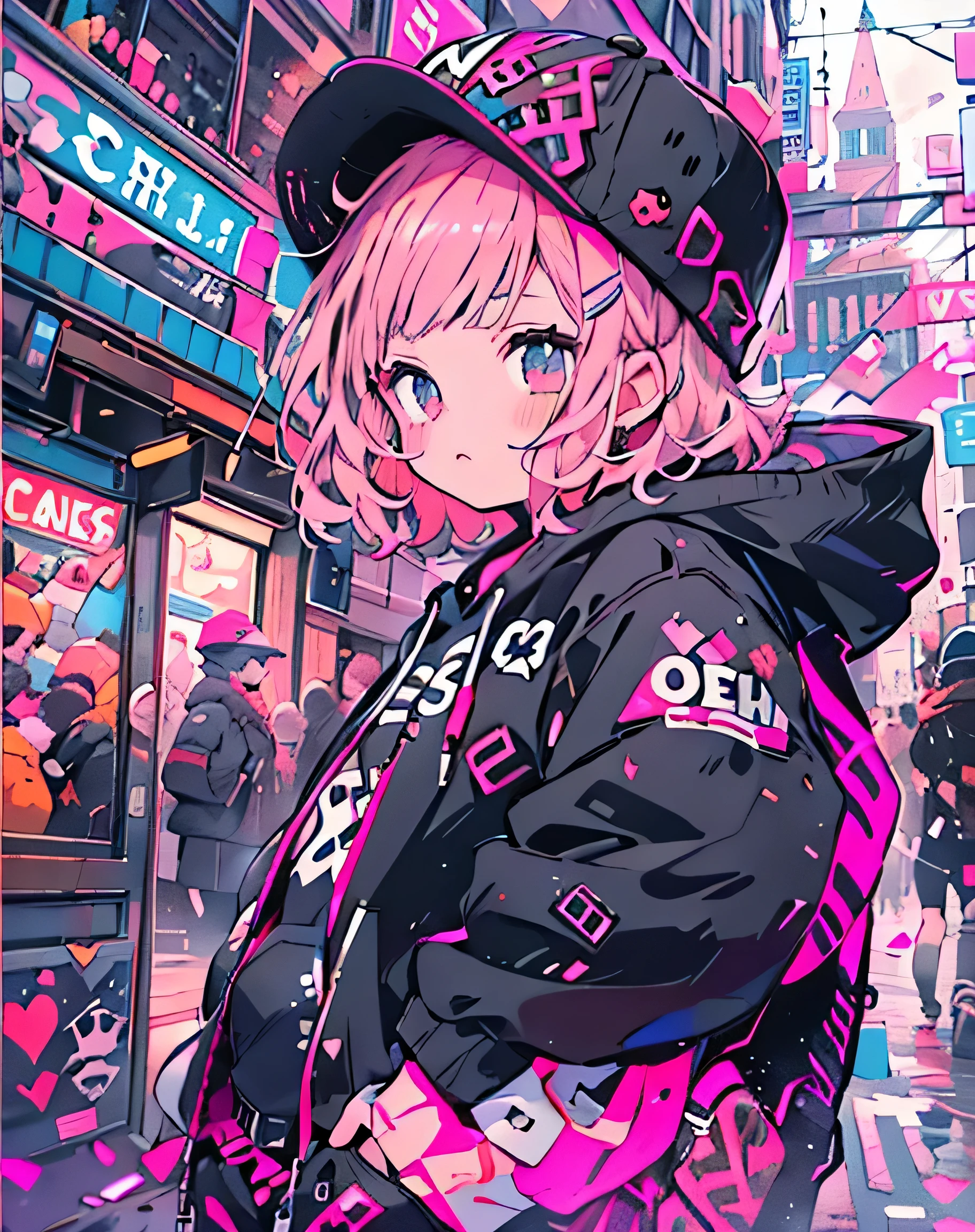 masterpiece,1 girl,alone,(((cutest girl ever)))、short hair,pink hair,Fashionable hoodies,mob cap, street,put one'Hand in hand'pocket of,most stylish design