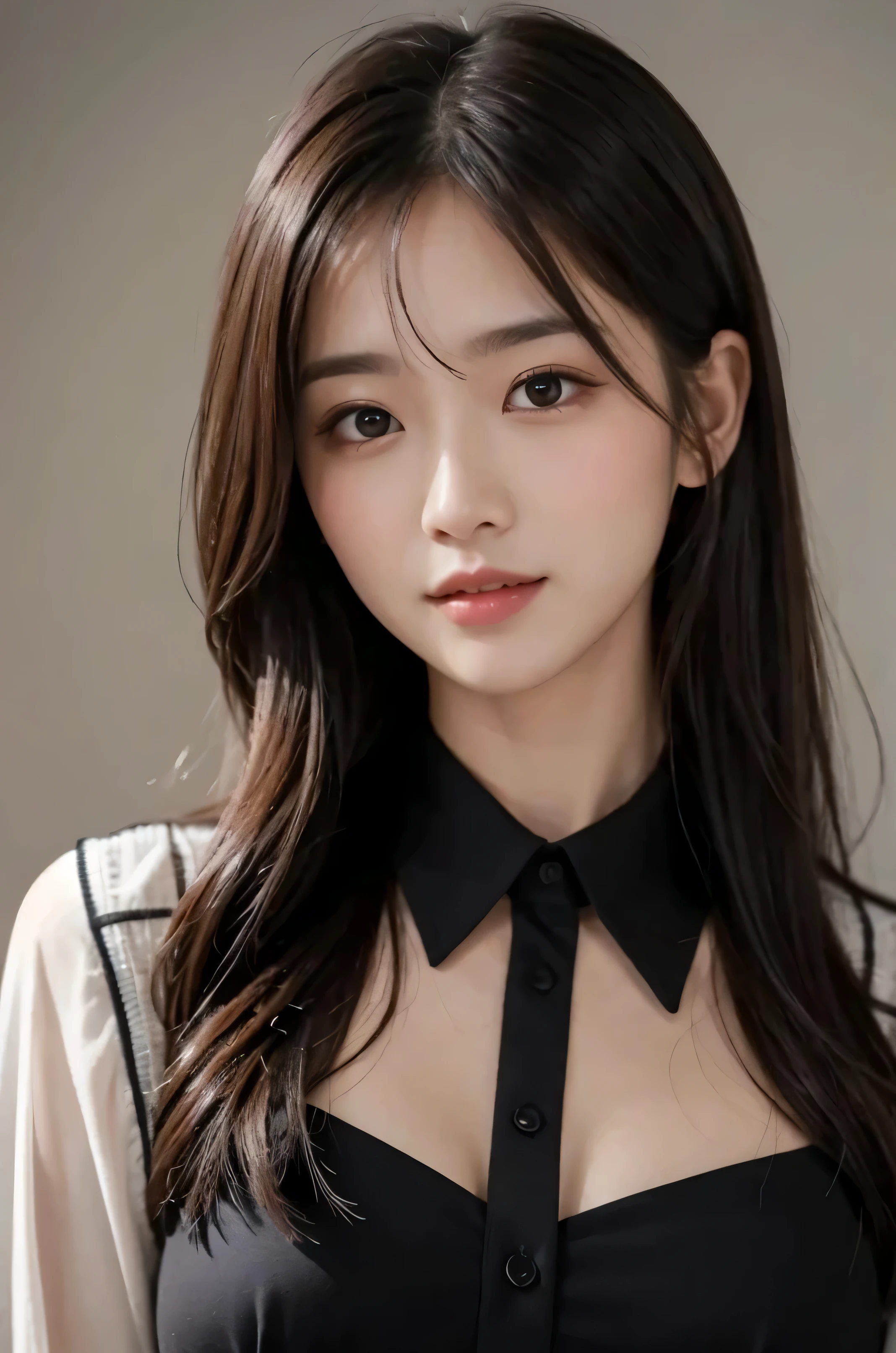 table top、best quality、really、very detailed、finely、high resolution、8k wallpaper、one beautiful woman、、light brown messy hair、He is wearing a black see-through dress shirt with an open collar..、sharp focus、Fully dynamic configuration、beautiful and delicate eyes、thin hair、詳細なreallyな肌の質感、laugh、close-up portrait、Model'Body