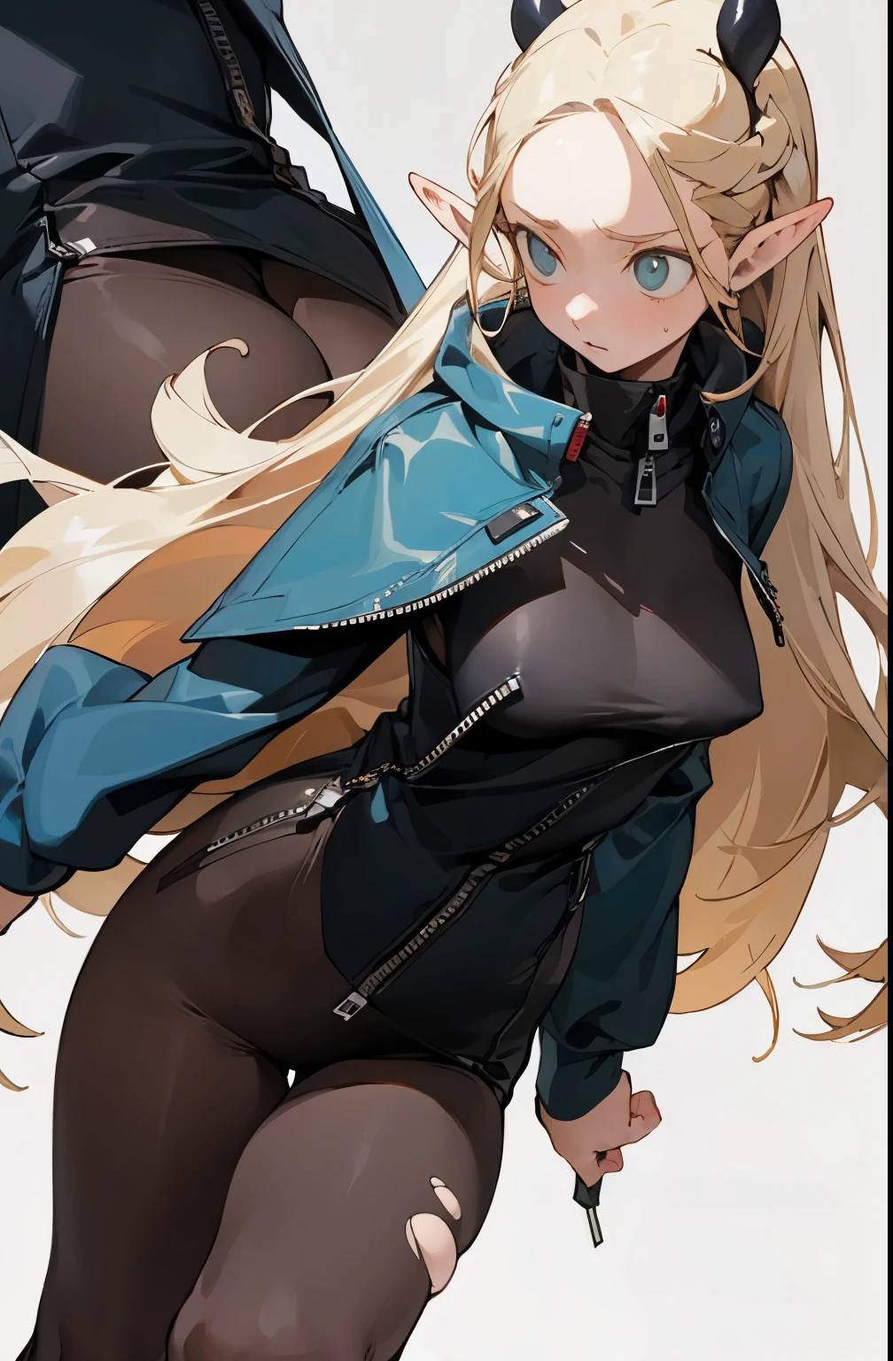(masterpiece, best quality) detailed, black tights, silver accessories , zipper unzipped , blond ,elegant, pointed ears ,Succubus,torn clothes