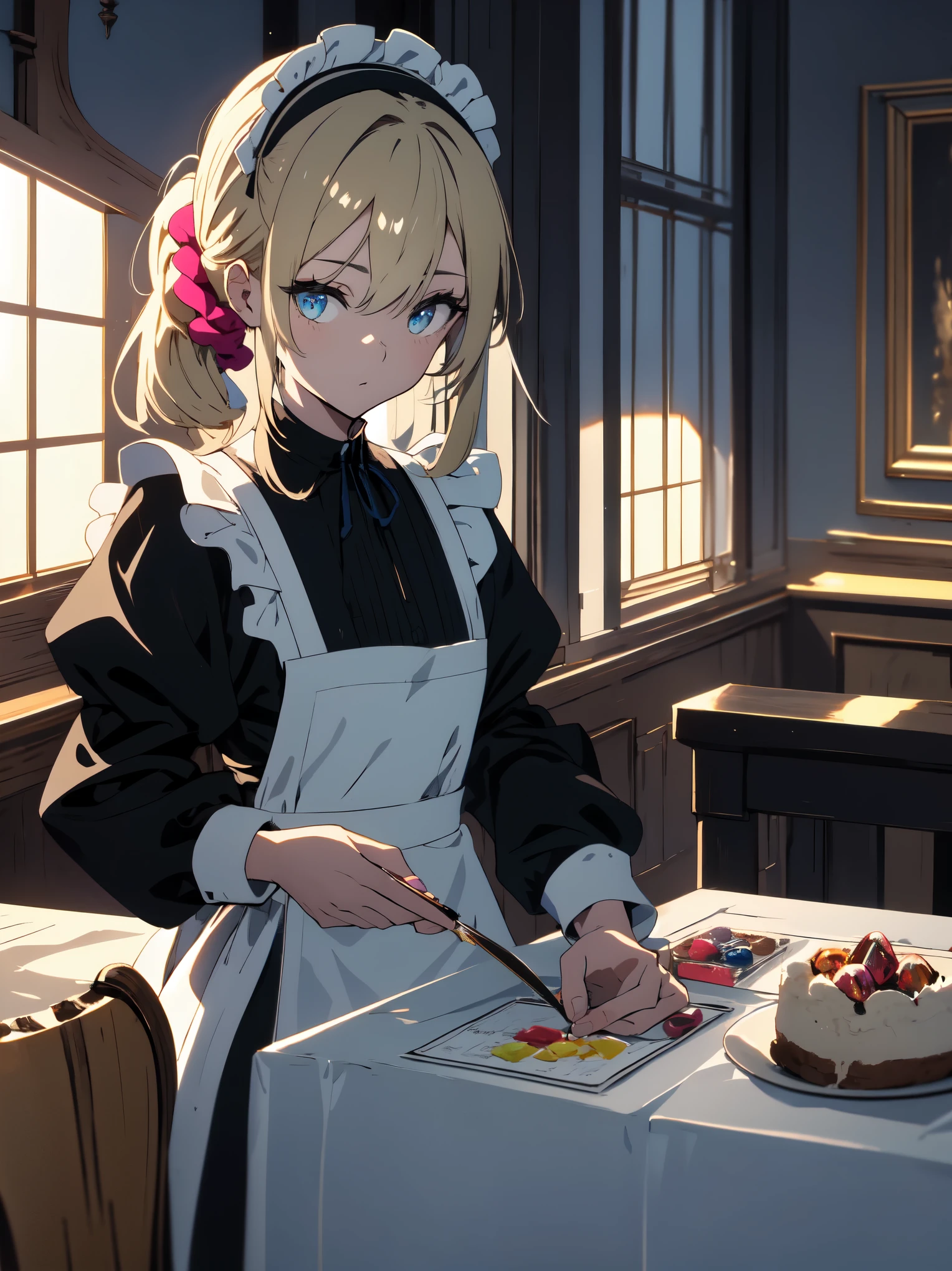 (master piece, highest quality, High resolution、detailed), (Shining eyes)、1 girl,blonde hair, maid, blue eyes, side ponytail, hair scrunchie, hair ornaments, blue scrunchie, maid headdress, apron, (A lot of sweets are arranged on the table、White tablecloth)hair between eyes, chest, long sleeve, bangs, white shirt, black dress, side lock, maid apron, black pantyhose, cowboy shot,indoor、Western-style room、beautiful anime