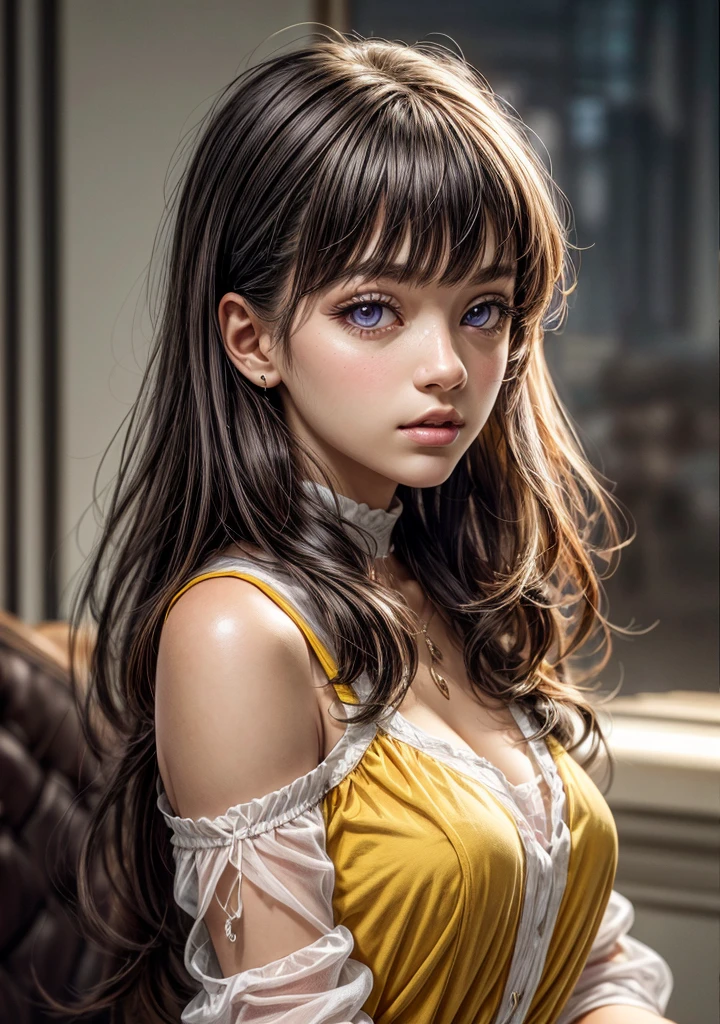 CGI image, best quality, masterpiece, (detailed face), detailed background, dramatic lighting, teen 1girl, ((purple eyes)), long brown hair with bangs, wearing long yellow dress,