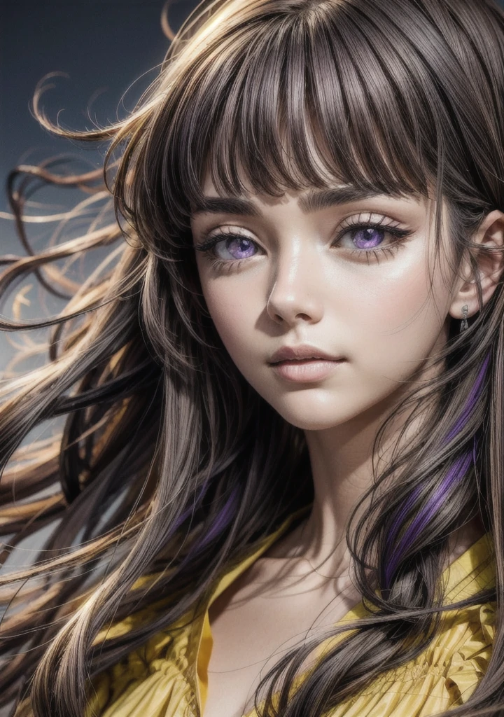 CGI image, best quality, masterpiece, (detailed face), detailed background, dramatic lighting, teen 1girl, ((purple eyes)), long brown hair with bangs, wearing long yellow dress,