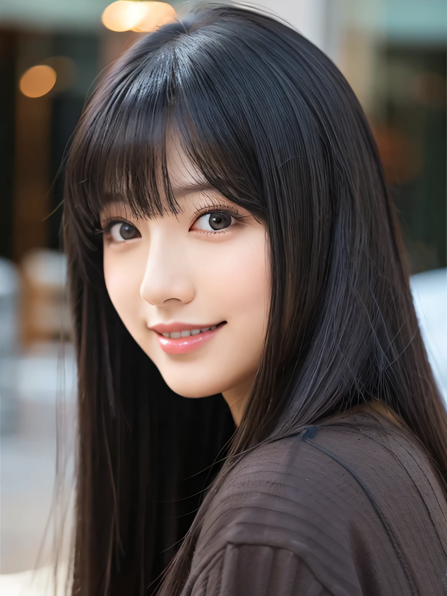 japanese woman、1 person、black hair、straight medium hair、sexy and very thick lips、big slanted eyes、narrow space between eyes、short and cute nose、Very wide forehead、let down and trim bangs, not broken up.、long eyelashes、double back eyelids、Thin contours、small chin、Adult-like appearance、dark eye makeup、looking at camera、smile