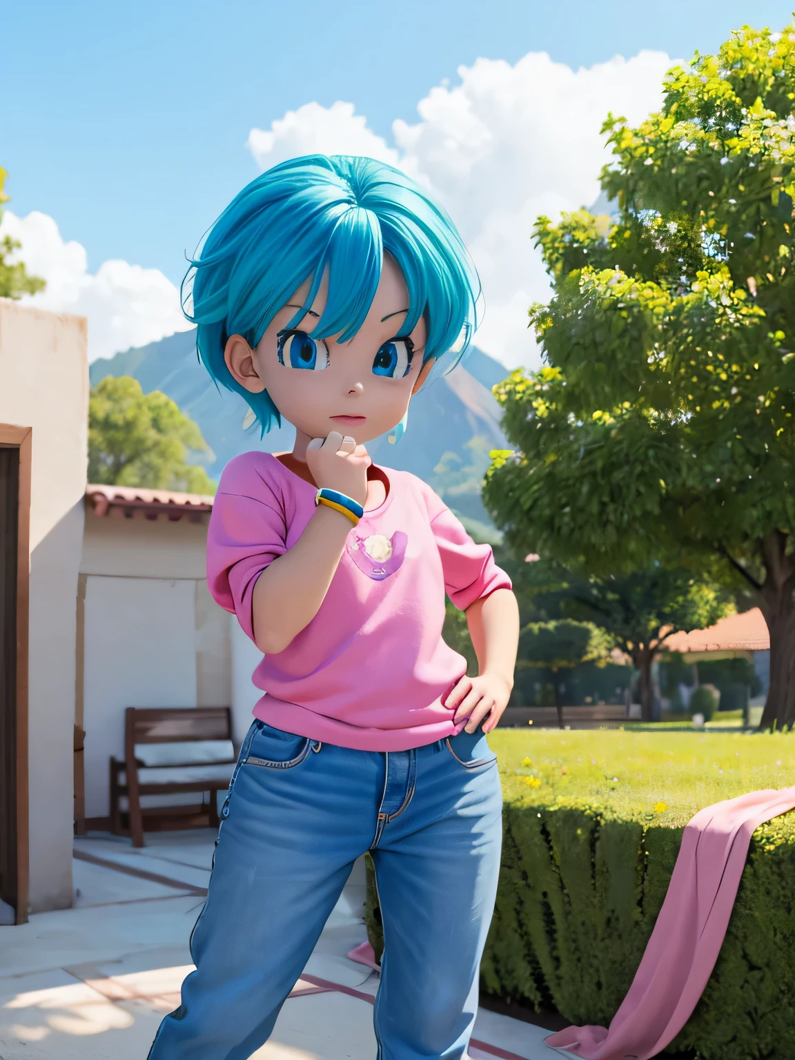 Create the iconic Dragon Ball Anime character, Encontrarse: Dragon Ball, pony, Cabello Aqua, cinta para el cabello, cola de caballo trenzada, camisa rosa, belt, bufanda, falda rosa, Escritura de ropa, guantes marrones, senos medianos, pelo azul, Capsule Corporation. dyed blue hair