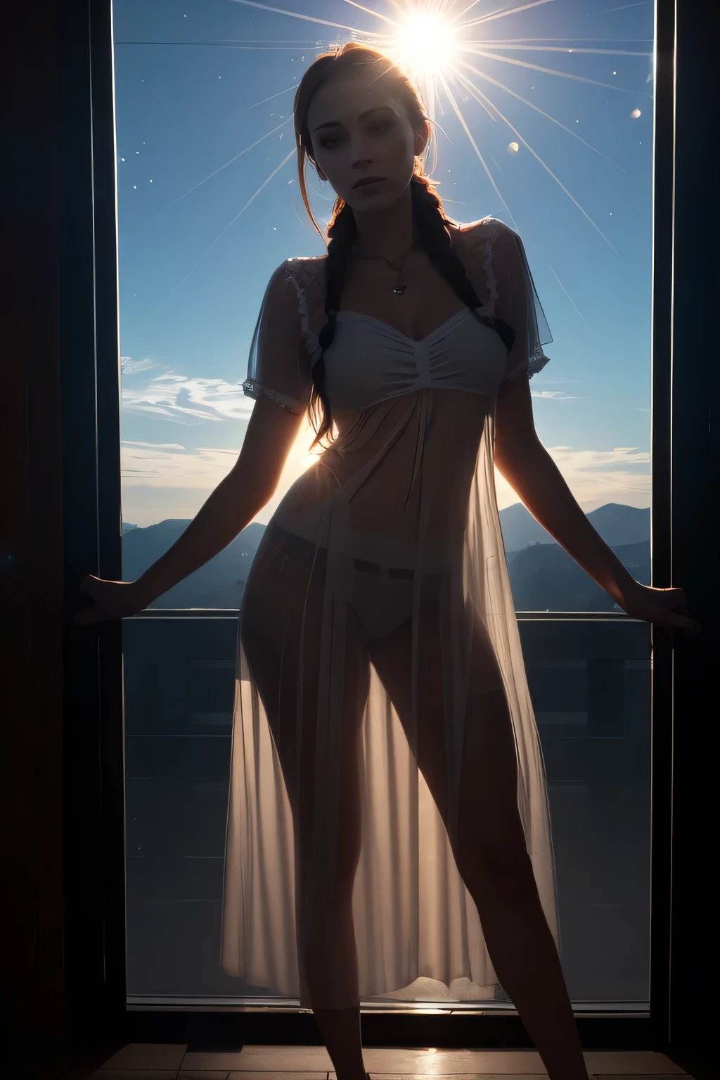 (a westerner woman), round face, doing a try on haul with (((see-through sunlight feminine clothes))), shooting a video, spread legs, red-hair, angle from below, braid, (standing in front of big window), (((backlit lens flare))), strong sunlight,