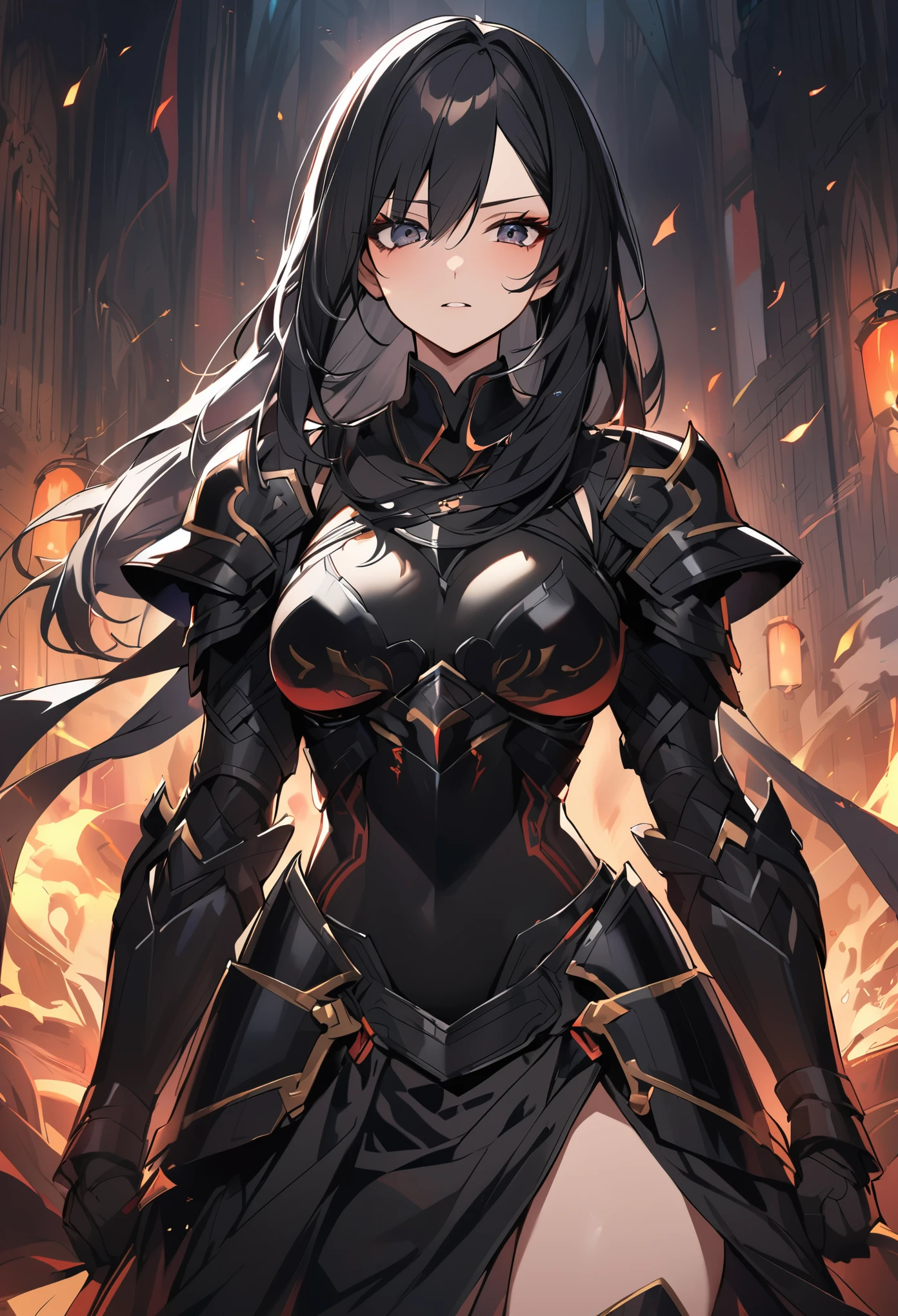 1 Girl, light red eyes, big black hair, locks of hair, bangs, hair details, detailed hair strands, (lights effect on hair), ((dark knight armor)), big chest, thick legs, thick thighs, big butt, standing, backdrop, wintertime, fire around, ambient detail, ultra-detailed